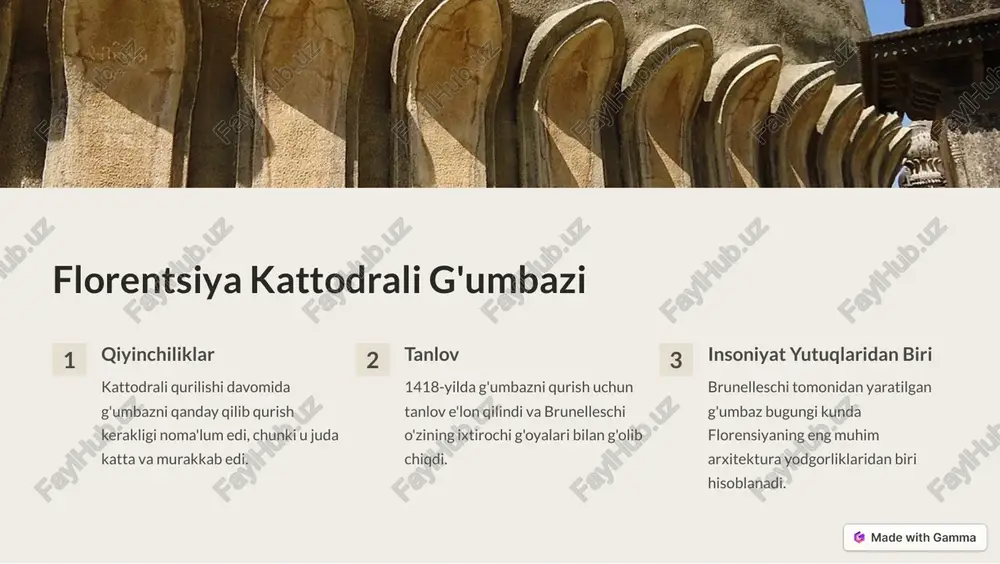 iyadagi eng katta saroylardan biri bo'lib, hozirda san'at galereyasi sifatida ishlatiladi. ospedale degli innocenti yetim bolalar uchun mo'ljallangan kasalxona binosining arxitekturasi o'zining chiroyli fasadlari va go'zal proporsiyalari bilan ajralib turadi. https://gamma.app/?utm_source=made-with-gamma xulosa va keyingi loyihalar filippo brunelleschi o'zining ixtirochi g'oyalari va texnologiyalari bilan uyg'onish davrining eng buyuk arxitektorlaridan biri hisoblanadi. uning ishlari bugungi kunda ham me'morchilik dunyosida o'zining dolzarbligini saqlab kelmoqda. brunelleschi tomonidan yaratilgan loyihalar keyingi avlodlar uchun ilhom manbai bo'lib xizmat qiladi. https://gamma.app/?utm_source=made-with-gamma