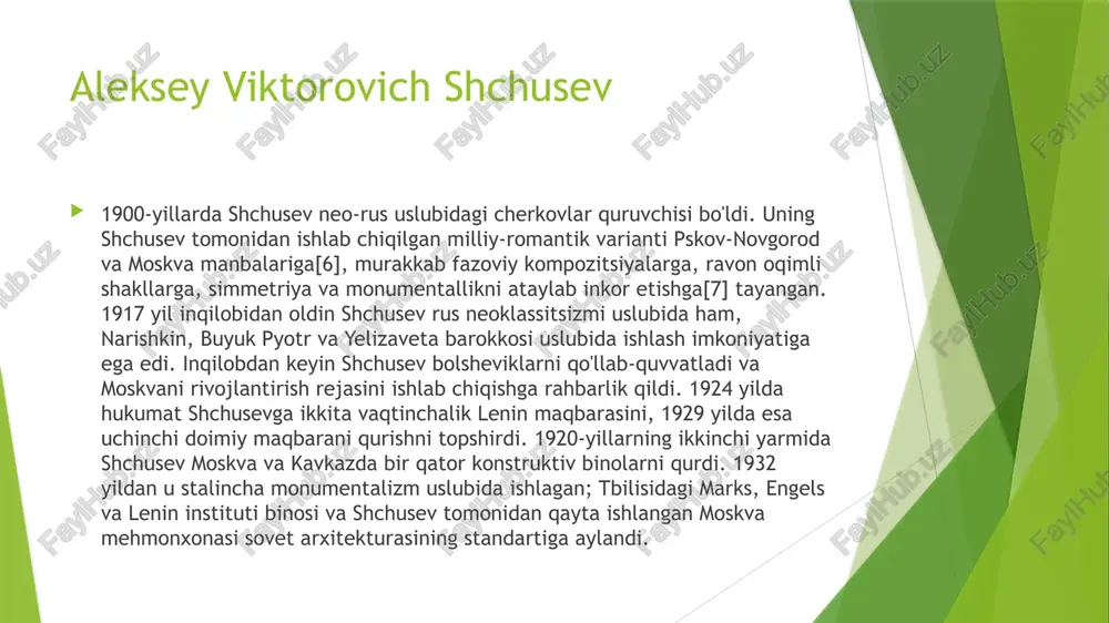 modernistik badiiy tilini yaratishga o'tdi[43]. u xususiy va davlat buyurtmalari bozorida o'zini namoyon qila olmadi; shchusevning inqilobdan oldingi turar-joy binolari soni kam va badiiy nuqtai nazardan unchalik qiziq emas[44]. v. m. vasnetsov va m. a. vrubel singari rassom shchusevning ilk cherkov rasmlari ham zamondoshlarni o'ziga jalb qilmadi; a. a. blok 1904 yilda ular "jasur emas va dindor emas" deb yozgan edi. shchusev 1902 yilda o'zining birinchi ma'bad loyihasini - kulikovo dalasida cherkov prototipini yaratdi. oddiy ustunsiz to'rtburchak yaroslavl nikolay chopped siti cherkovining naqshlariga ergashgan, ammo ikkita minorali (hozircha nosimmetrik) va ochiq qo'ng'iroq ohangiga ega g'arbiy jabha juda murakkab edi[47]. shchusev cherkovlari uchun odatiy holga aylangan oshxona kichik hududga ega bo'lib, faqat kirish portali va ma'badning asosiy hajmi o'rtasida bog'lovchi bo'lib xizmat qilgan[47]. 1902 yilgi loyiha tarixiylik tamoyillariga amal qildi, ammo uning 1904 yildagi ikkinchi versiyasi allaqachon neo-rus uslubiga qadam edi[48]. yangi shchusev uslubidagi birinchi qurib bitkazilgan bino nitsadagi n. l. …