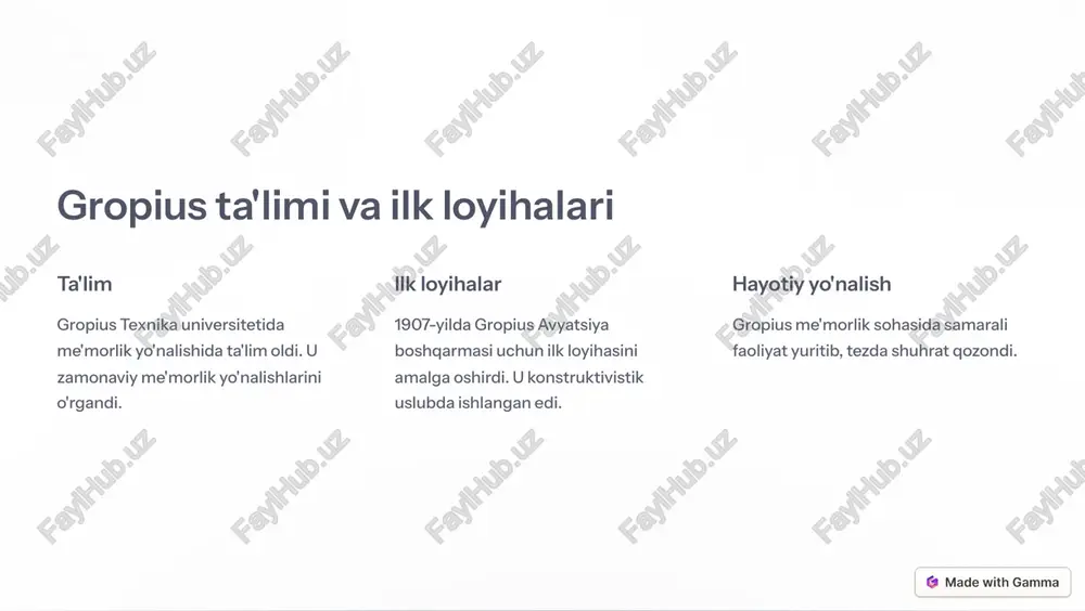 dan biri bo'lgan. u bauhaus maktabi orqali yangi zamonaviy dizayn yo'nalishlarini yaratib, me'morlikni ommaboplashtirishga erishgan. uning g'oyalari va loyihalari hozirgi zamonaviy me'morlikda katta ta'sir qoldirgan. https://gamma.app/?utm_source=made-with-gamma
