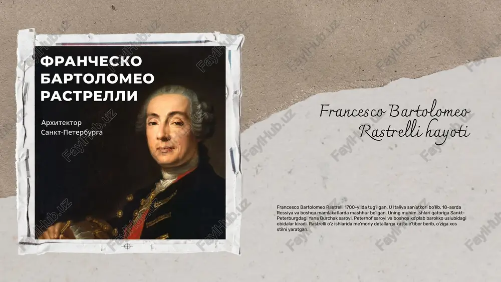 roli francesco bartolomeo rastrelli merosi zamonaviy madaniyatda muhim o'rin egallaydi. uning asarlari va uslubi, ko'plab zamonaviy san'atkorlarga ilhom manbai bo'lib, barokko san'atining zamonaviy talqinlarini shakllantirishga yordam beradi. rastrelli merosining ahamiyati 1. rastrelli asarlari, barokko uslubining o'ziga xosligini namoyish etib, zamonaviy san'atda estetik qadriyatlarni shakllantiradi. 2. uning merosi, san'at va arxitektura sohalarida yangi yondashuvlar va innovatsiyalarni keltirib chiqaradi. 3. rastrellining asarlari, madaniyatlararo aloqalar va tarixiy kontekstni yanada boyitadi. 1. o'zbekistonda, rastrelli ta'siri, mahalliy arxitektura va san'atda barokko elementlarining qo'llanilishi bilan ko'rinadi. 2. rossiya va boshqa davlatlarda, uning asarlari ko'plab san'at asarlarini yaratishda ilhom manbai bo'lgan. 3. zamonaviy san'atda, rastrelli uslubining o'ziga xos xususiyatlari, yangi ijodkorlar tomonidan davom ettirilmoqda. rastrellidan olingan ilhomlar, zamonaviy san'atda ko'plab tendensiyalarni keltirib chiqaradi. uning barokko uslubi, zamonaviy dizayn va arxitektura sohalarida yangi g'oyalarni shakllantirishda davom etmoqda. rastrelli merosining ta'siri o'zbekistondagi ta'siri zamonaviy tendensiyalar xulosa francesco bartolomeo rastrelli 1700-yilda tug‘ilgan. o‘z davrida yirik san’atkor sifatida tanilgan va barokko …