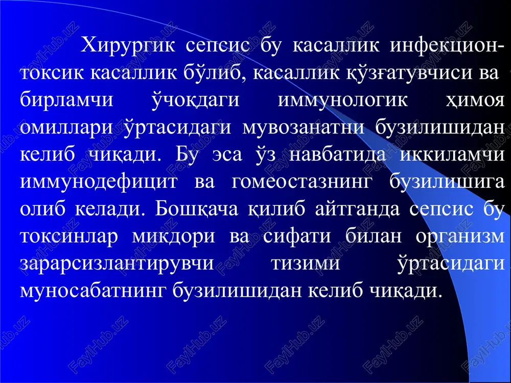 iluvchi omillardandir. infektsiya gematogen yo'l bilan tarqalgan holatlarda yiringli tromboflebitlar yoki periflebitlar rivojlanadi, infitsirlangan embollar esa ikkilamchi yiringli metastazlarga sabab bo'ladi (stafilokokkli infektsiyada ular asosan o'pkalarda, suyak ko'migida, buyraklarda; streptokokkli infektsiyada bo'g'imlarda va o'pkalarda; pnevmokokkli infektsiyada esa bosh miya pardalarida joylashadi). limfogen yo'l bilan tarqalishida esa infektsiya limfatik barerning engib o'tishi zarurligi sababli sepsis sekin kechadi. sepsis rivojlanish jarayonida birlamchi jarayon ba'zan kamayishi, ba'zan esa yo'qolishi ham mumkin. lekin bu xolat jarayonning keyingi rivojlanishiga umuman ta'sir qilmaydi degan gap emas. bunday xolatlarda klinik jixatdan yiringli metastatik o'choqlar asosiy o'rinni egallaydi. shunday bo'lishiga qaramasdan birlamchi yallig'lanish o'chog'iga ikkilamchi nazar bilan karash noto'g'ri bo'ladi, chunki organizmni sensibillovchi patologik impulslarning sababi birlamchi yallig'lanish o'chogi bo'ladi. organizm reaktivligiga ta'sir qiluvchi omillar: markaziy nerv tizimining holati endokrin tizimi bemorlarning yoshi qon aylanishining buzilishlari retikuloendotelial tizimning fagotsitar faoliyati oxirgi yillardagi izlanishlarning ko'rsatishicha qonda bakteriyalarni topilishi hali bu sepsis degani emas. qon bir pasda mikroblardan tozalanishi mumkin …