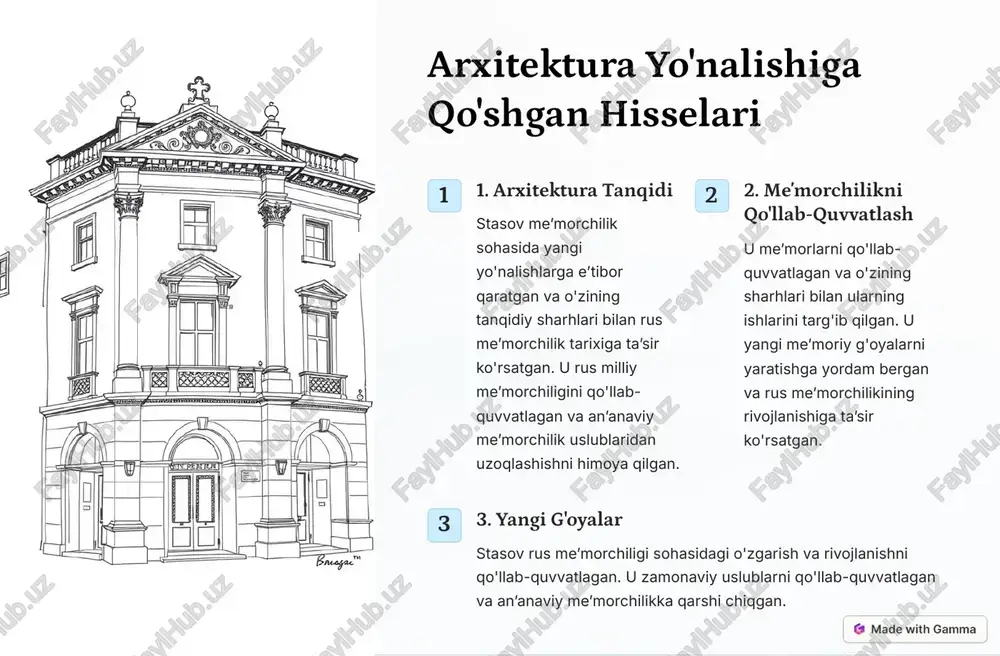 ng g'oyalari hozirgi zamon san'atkorlari va meʼmorlari ishida sezilarli. 3 madaniy qadriyatlar stasov merosining qadriyatlarini saqlash va targ'ib qilish juda muhim. https://gamma.app/?utm_source=made-with-gamma eng mashhur loyihalari 1 mariinskiy teatri stasovning eng mashhur loyihalaridan biri hisoblanadi. 2 rus milliy muzeyi u o'zining go'zalligi va estetik taʼsiri bilan mashhur. 3 aleksandr nevskiy lavrasi u stasov imerosining muhim qismlaridan biri. https://gamma.app/?utm_source=made-with-gamma