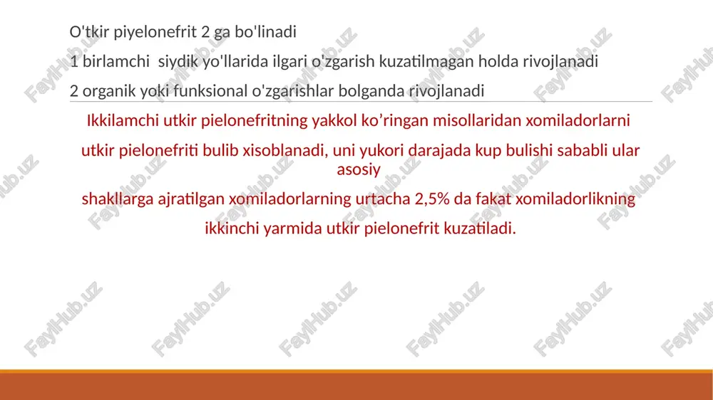 alar, enterobakteriyalar va ko'k yiringli tayoqchalar hisoblanadi. surunkali piyelonefritni rivojlanishida o'tkazilgan buyrak va siydik yo'llari kasalliklari (toshlar, prostata bezi adenomasi va boshgalar), otkir piyelonefrit, sistit, ayollarda homiladorlik vatida yoki tug'ruqdan keyin siydikda o'zgarishlar aniqlanganligi, umurta pog'onasi, siydik chiqarish yo'llari va siydik pufagi jarohatlari shuningdek, adneksit, xolesistit va tonzillitlar mavjudligi muhim ahamiyatga ega. klinikasi bemorlar ko'ngil aynishi, qayt qilish, tana haroratining keskin pastga va yuqoriga chiqib tushishiga shikoyat qiladilar, oqibatda ko'p terlash kuzatiladi. shuningdek, ularda bel sohasida bir yoki ikki tomonlama og'riq, nikturiya, chanqashning poliuriya bilan birga kelishi aniqlanadi. dizurik buzilishlar, bemor umumiy ahvolini yomonlashishi bilan kechuvchi qorin va bel sohasidagi og'riqlar, turtki sinamasini yaqqol musbat bo'lishi va paypaslab ko' rganda zararlangan tomonda og'riq belgilari surunkali piyelonefritni qaytalanish davrida tashhis qo' yishga murakkablik tug dirmaydi. bemor kozdan kechirilganda yuzlari salqigan, lablarida gerpetik toshmalar, tilining quruqligi va karash bilan goplanganligi aniqlanadi. auskultatsiyada yurak tonlari bog iqlashgan va taxikardiya qayd etiladi. labarator tashxislash …
