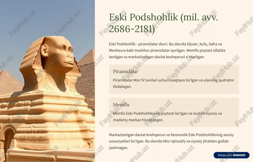 https://gamma.app/?utm_source=made-with-gamma yangi podshohlik (mil. avv. 1550-1069) yangi podshohlik - misr imperiyasining gullab-yashnashi, fir'avnlar hatshepsut, tutankhamun va ramses ii hukmronlik qilgan davr. bu davrda karnak va luxor ibodatxonalari qurilgan. 1 hatshepsut hatshepsut misrning ayol fir'avni bo'lgan va davlatni muvaffaqiyatli boshqargan. 2 tutankhamun tutankhamun o'z qabri bilan mashhur va uning hukmronligi qisqa bo'lgan. 3 ramses ii ramses ii misrning eng qudratli fir'avnlaridan biri bo'lgan va ko'plab qurilish loyihalarini amalga oshirgan. misr imperiyasining gullab-yashnashi yangi podshohlikning asosiy xususiyati bo'lgan. bu davrda misr siyosiy va madaniy jihatdan gullab-yashnagan. https://gamma.app/?utm_source=made-with-gamma san'at va madaniyat: eski podshohlik va o'rta podshohlik eski podshohlik va o'rta podshohlik davrlarida san'at va madaniyat rivojlangan. piramidalar arxitekturasi, haykaltaroshlik, hierogliflar va adabiyot bu davrning asosiy xususiyatlari bo'lgan. 1 2 3 diniy e'tiqodlar va marosimlar misr madaniyatining muhim qismi bo'lgan. misrliklar o'limdan keyingi hayotga ishonishgan va murdani mumiyalashgan. arxitektura piramidalar misr arxitekturasining eng yorqin namunasidir. haykaltaroshlik haykaltaroshlik fir'avnlarning qudratini ifodalagan. hierogliflar hierogliflar misr yozuvining …