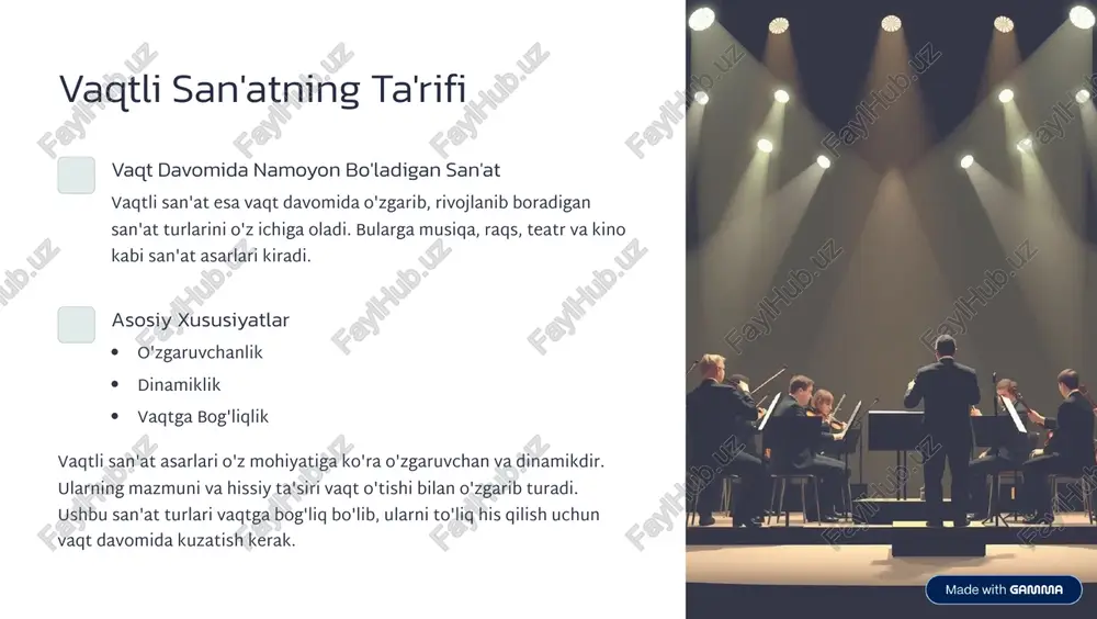 i va hissiyotlarimizni boyitadi. u bizga dunyoni yangi ko'zlar bilan ko'rishga va o'z hissiyotlarimizni tushunishga yordam beradi. https://gamma.app/?utm_source=made-with-gamma tafovutlar: asosiy farqlar 1 fazoviy san'at doimiy 2 fazoviy san'at statik 3 fazoviy san'at makonda fazoviy san'at doimiy va statik bo'lsa, vaqtli san'at o'zgaruvchan va dinamikdir. fazoviy san'at makonda joylashgan bo'lsa, vaqtli san'at vaqtga bog'liqdir. ushbu asosiy farqlar har bir turdagi san'atning o'ziga xos xususiyatlarini belgilab beradi va ularning inson hissiyotlariga ta'sirini shakllantiradi. https://gamma.app/?utm_source=made-with-gamma idrok etish xususiyatlari 1 fazoviy san'at vizual idrok 2 vaqtli san'at eshitish, ko'rish 3 fazoviy san'at makonni anglash fazoviy san'at vizual idrokka asoslangan bo'lsa, vaqtli san'at eshitish va ko'rish orqali idrok etiladi. fazoviy san'at makonni anglashni talab qilsa, vaqtli san'at vaqtni his qilishni talab qiladi. kartinani ko'rish, haykalning shaklini his qilish va binoning hajmini anglash - bular fazoviy san'atni idrok etishning misollari. musiqani eshitish, raqsning harakatlarini kuzatish va teatr tomoshasini tomosha qilish - bular vaqtli san'atni idrok etishning …