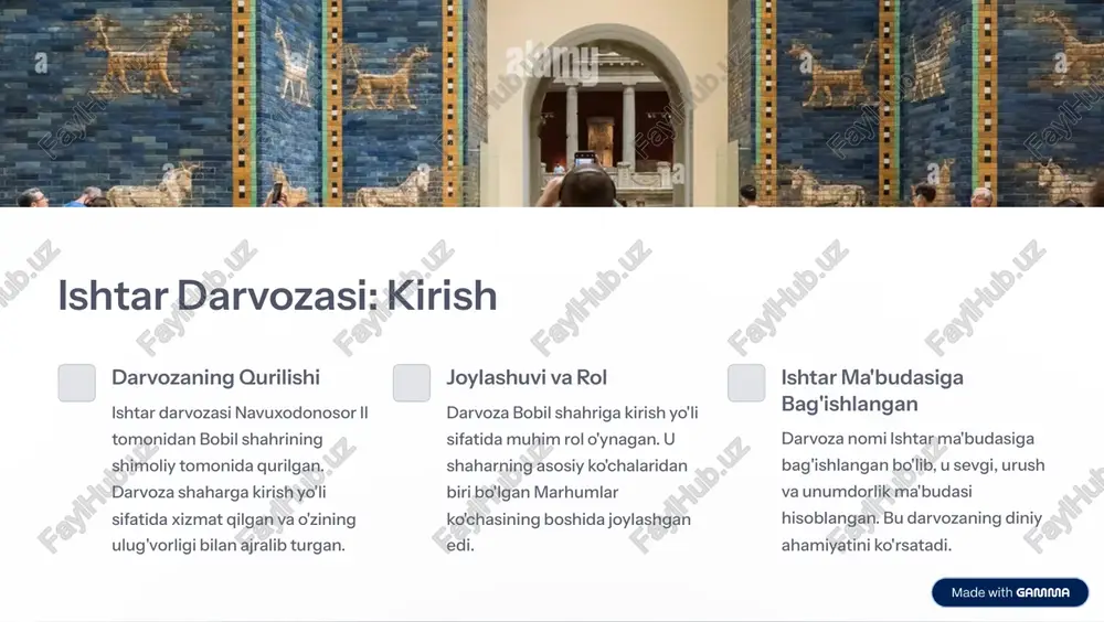 minoraning balandligi va qavatlar soni haqida aniq ma'lumotlar yo'q. turli manbalarda turli xil raqamlar keltirilgan. 3 vayron qilinishi va qayta tiklash minora bir necha bor vayron qilingan va qayta tiklashga urinishlar bo'lgan. bu minoraning tarixiy taqdirini ko'rsatadi. https://gamma.app/?utm_source=made-with-gamma navuxodonosor saroyi: tavsif joylashuvi va ahamiyati saroy bobil shahrida joylashgan bo'lib, podshohning asosiy qarorgohi hisoblangan. saroy siyosiy va ijtimoiy hayotda muhim rol o'ynagan. me'moriy uslub va tuzilish saroyning me'moriy uslubi o'sha davrning me'moriy tendentsiyalarini aks ettirgan. saroyning tuzilishi murakkab va ulug'vor bo'lgan. asosiy qismlari saroyning asosiy qismlari taxt xonasi, hovlilar va turar joylardan iborat bo'lgan. bu qismlar saroyning funktsional maqsadlarini aks ettirgan. https://gamma.app/?utm_source=made-with-gamma navuxodonosor saroyi: bog'lar 1 osma bog'lar 2 dunyodagi mo'jiza 3 afsonaviy kelib chiqishi osma bog'lar (semiramida bog'lari) dunyoning yetti mo'jizasidan biri hisoblangan. bog'larning tuzilishi va sug'orish tizimi haqida ma'lumotlar mavjud. bog'larning afsonaviy kelib chiqishi va navuxodonosorning roli haqida turli xil hikoyalar mavjud. https://gamma.app/?utm_source=made-with-gamma navuxodonosor saroyi: kengaytirish 1000+ devor rasmlari …