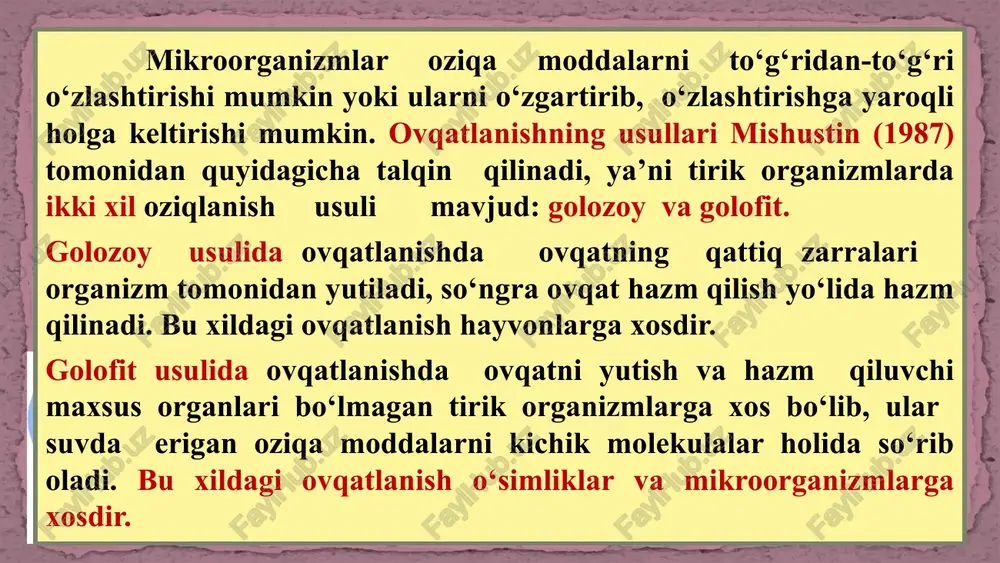 ladi va tanasining ayrim qismlarini tuzadi. mikroorganizmlarni nafas olishi to‘g‘risida tushuncha. ma’lumki, atmosfera tarkibida taxminan 78 % azot, 20 % kislorod va 0,03 – 0,09 gacha karbonat kislota (karbonat gazlar) bor. shu gazlarda asosiy rolni kislorod o‘ynaydi. chunki mikroorganizmlarning nafas olishi murakkab biologik jarayon bo‘lib, mikroorganizmlarga turli organik birikmalarni sintezlash uchun kerakli energiya shu tufayli hosil bo‘ladi. mikroorganizmlar xam hayvonlar va o‘simliklar kabi nafas olishda kisloroddan foydalanadi ‹#› demak, mikroorganizmlar xujayrasining rivojlanish va o‘sishi uchun zarur bo‘lgan oziqlanish jarayoni bilan birga mikroorganizmlar organizmda moddalar almashinuvining nafas olish jarayoni ham doim sodir bo‘lib turadi. natijada mikroorganizm xujayrasi o‘ziga kerakli energiyani oladi. ma’lumki, yashil o‘simliklar energiyani xlorofill yordami bilan quyoshdan oladilar. mikroorganizmlarning ko‘pchilik qismi quyosh energiyasidan foydalanmaydi va energiyani issiqlik ajralib chiqadigan ximiyaviy reaksiyalar natijasida oladi. bu ajratilgan energiya mikroorganizm xujayrasini xarakatga keltiruvchi kuch hisoblanadi. shu energiya yordamida mikroorganizm xujayrasida murakkab organik birikmalar sintezlanadi. ‹#› mikroblar energiyani ko‘pincha azotsiz moddalardan oladi. ko‘pchilik …
