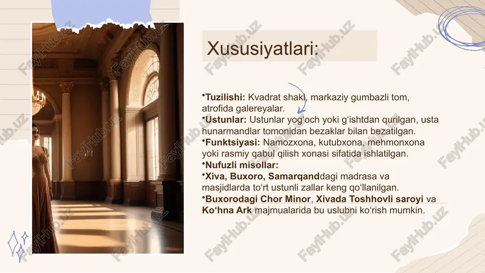 zbekistonda me'morlik o'zgarishlari, xalqning ijtimoiy va iqtisodiy holati bilan bog'liq bo'lib, uning rivojlanishi zamonaviy me'morchilikning o'ziga xos xususiyatlarini aks ettirdi. bu jarayonda mahalliy urf-odatlar va zamonaviy texnologiyalar uyg'unlashdi. shahar me'morligi markaziy ko'chalardagi binolar markaziy ko'chalardagi binolar shahar me'morligida muhim ahamiyatga ega. ular, odatda, xarakterli arxitektura elementlari bilan bezatilgan boʻlib, jamiyatning ijtimoiy turmushini aks ettiradi. ushbu binolar, shahar madaniyatini va tarixi haqida ma'lumot beruvchi muhim belgilar hisoblanadi. muqaddas joylar va ularning roli muqaddas joylar, oʻzbekiston shaharlarida diniy va madaniy markazlar sifatida ahamiyatga ega. ular, shuningdek, tarixiy me'moriy obidalar hamda urf-odat va an’analarni saqlovchi markazlar hisoblanadi. ijtimoiy va iqtisodiy ta'sirlar shahar me'morligi ijtimoiy va iqtisodiy omillarga ta'sir ko'rsatgan, jumladan, jamiyatning to'g'ri tashkil etilishi va iqtisodiy rivojlanishi. binolar, ko'plab ijtimoiy faoliyatlar va iqtisodiy interaktsiyalar markazida joylashgan. xulosa oʻrta osiyo me'morligi, toʻrt ustunli zallar va shahar rivojlanishi, o'zaro bog'liq bo'lib, tarixiy va madaniy unsurlarni o'z ichiga oladi. ushbu me'moriy meros, mahalliy an'analar va yevropa …