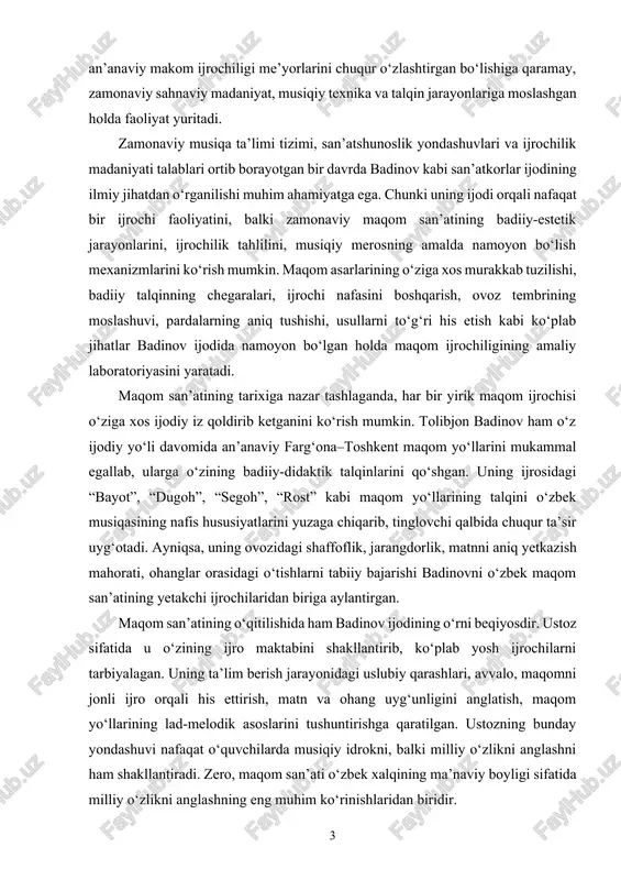 i o‘ziga xos ijodiy iz qoldirib ketganini ko‘rish mumkin. tolibjon badinov ham o‘z ijodiy yo‘li davomida an’anaviy farg‘ona–toshkent maqom yo‘llarini mukammal egallab, ularga o‘zining badiiy-didaktik talqinlarini qo‘shgan. uning ijrosidagi “bayot”, “dugoh”, “segoh”, “rost” kabi maqom yo‘llarining talqini o‘zbek musiqasining nafis hususiyatlarini yuzaga chiqarib, tinglovchi qalbida chuqur ta’sir uyg‘otadi. ayniqsa, uning ovozidagi shaffoflik, jarangdorlik, matnni aniq yetkazish mahorati, ohanglar orasidagi o‘tishlarni tabiiy bajarishi badinovni o‘zbek maqom san’atining yetakchi ijrochilaridan biriga aylantirgan. maqom san’atining o‘qitilishida ham badinov ijodining o‘rni beqiyosdir. ustoz sifatida u o‘zining ijro maktabini shakllantirib, ko‘plab yosh ijrochilarni tarbiyalagan. uning ta’lim berish jarayonidagi uslubiy qarashlari, avvalo, maqomni jonli ijro orqali his ettirish, matn va ohang uyg‘unligini anglatish, maqom yo‘llarining lad-melodik asoslarini tushuntirishga qaratilgan. ustozning bunday yondashuvi nafaqat o‘quvchilarda musiqiy idrokni, balki milliy o‘zlikni anglashni ham shakllantiradi. zero, maqom san’ati o‘zbek xalqining ma’naviy boyligi sifatida milliy o‘zlikni anglashning eng muhim ko‘rinishlaridan biridir. bugungi kunda maqom san’ati yuneskoning nomoddiy madaniy merosi sifatida …