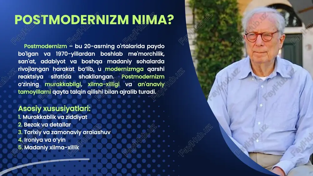ik nazariyalari va amaliy ishlari bilan ko‘plab avlodlarga ta'sir ko‘rsatdi. xulosa robert venturi - faqat binolarni emas, balki me'morchilikning o'zi haqidagi fikrlarni o'zgartirgan inson. postmodernizm harakatiga asos solgan. oddiylik va murakkablikni uyg'unlashtirgan uslubi bilan me'morchilik tarixida muhim iz qoldirgan. image1.png image2.png image3.svg image4.png image5.png image6.svg image7.png image8.svg image9.png image10.png image11.svg image12.png image15.png image13.png image14.svg image18.png image19.png image20.png image21.png image16.png image17.png image26.png image27.svg image22.png image23.svg image24.png image25.png image28.png image29.png image30.png image31.png image32.png image33.png image34.png image35.png /docprops/thumbnail.jpeg