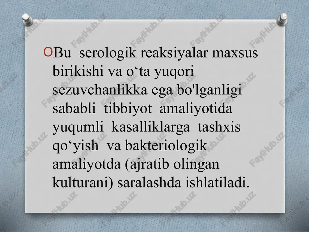k sistema fazasi. birinchi fazada antigen va antitelo bir-biriga mos kelganida birikib, birikma hosil qiladi, komplementni o’ziga biriktirib oladi, lekin bu jarayonni probirkada kuzatib bo’lmaydi, shuning uchun, ikkinchi fazadan ya’ni gemolitik sistemadan foydalaniladi. gemolitik sistema reaksiyada indikatorlik vazifasini bajaradi. gemoli­tik sistema, qo‘y eritrotsitlaridan va ularga qarshi (antigemolitik) gemolitik antitelalardan iboratdir, ya’ni gemolitik zardob. kbr boshqa serologik reaksiyalarga o'xshab ikki fazada boradi: 1.antigen - antitela. 2.komplementning adsorbsiva qilinishi. agar kasal qon zardobida shu reaksiyada ishlatilayotgan antigenga mos keladigan antitelalar bo‘isa, u vaqtda hosil bo'ladigan antigen-antitela birikmasi o‘ziga komplementni biriktirib oladi, ya’ni bog‘laydi. unga gemolitik sistema qo‘shilganda, eritrotsitlarning gemolizi ro'y bermaydi, chunki komplement bog'langan holatda bo'ladi (to'g'rirog'i sarf bo‘ladi), ikkinchi gemolitik sistemaga (ag+at) komplement qolmaydi. shuning uchun gemoliz probirkada ro‘y bermaydi. kbr musbat deb hisoblanadi. ikkinchi holatda kasal qon zardobida antigenga mos keluvchi antitelalar botmasa, antigen-antitela birikmasi hosil bo'lmaydi va komplement bog‘lanmasdan erkin holatda qoladi. gemolitik sistema qo'shilganida komplement shu sistema bilan …