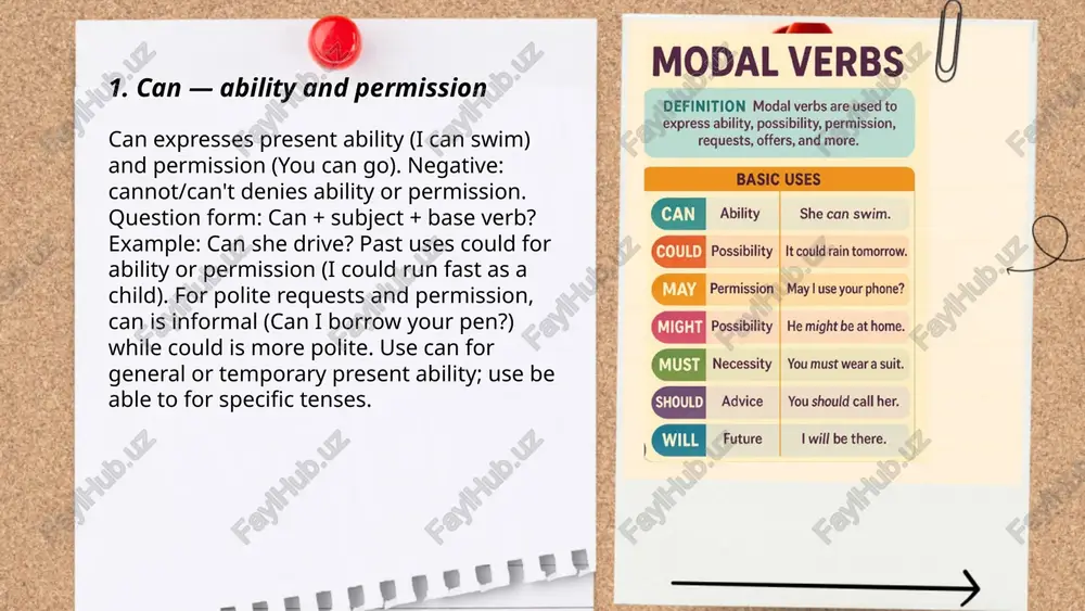 . for past criticism use ought to have + past participle. it does not change for person or number. ... t.me/slaydai_bot shall is used for offers and suggestions, especially in questions with i and we: shall i, shall we. it proposes action or solicits agreement. shall also appears in formal future and obligation in legal or formal contexts, for example the company shall deliver goods. it indicates a determined or prescribed future action. modern informal english favors will; shall remains common in british usage for suggestions/offers and in formal writing for duties and requirements. ... t.me/slaydai_bot 10. will — future, willingness, and predictions will is a modal auxiliary used to express future actions, willingness, promises, offers, requests, refusals, and predictions. form: subject + will + base verb; negative: will not or won’t; question: will + subject + base verb. use will for spontaneous decisions, firm promises, and beliefs about the …