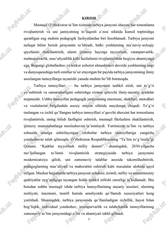 metodik jihatdan yo’naltiradi. ushbu tamoyillarni amaliyotga qo’llash oqibatida tarbiya faoliyati aniq natijalar beradi, zero, ular tarbiyaviy maqsadlarning amalga oshishini osonlashtiradi. tarbiya tamoyillari bilan ishlash — bu pedagogning ongli va rejalashtirilgan faoliyati bo’lib, unda har bir pedagogik qaror tamoyillarga muvofiq asoslanishi kerak. tarbiya tamoyillari hayotiy va ilmiy asosga ega bo’lib, ularni o’rganish va tushunish pedagogik mahoratni oshiradi hamda tarbiyaviy jarayonning samaradorligini bir necha baravar oshiradi. tamoyillarni ko’zdan qochirmasdan qo’llash pedagogga tarbiyalanuvchilarning xulq-atvorini, ijtimoiy faolligini, axloqiy qiyofasini va bilish faoliyatini birdek rivojlantirish imkonini beradi. pedagogik amaliyotda tarbiya tamoyillari har doim moslashuvchan bo’lishi lozim, chunki har bir shaxsiy va ijtimoiy vaziyat o’ziga xos xususiyatlarga ega; shuning uchun tamoyillarni qo’llashda fleksibil yondashuv talab etiladi. tamoyillar tarbiya jarayonida g’oyaviy, metodologik va amaliy yo’nalishlarni belgilaydi; ular pedagogik kreativlik va ilmiy uslub o’rtasida muvozanat yaratadi. tamoyillarni noto’g’ri yoki yarimchalik qo’llash tarbiyaviy ishning natijadorligini kamaytiradi va hatto muammo tug’dirishi mumkin, chunki tamoyillar pedagogik vaziyatlarga mos ravishda o’ylab topilgan …