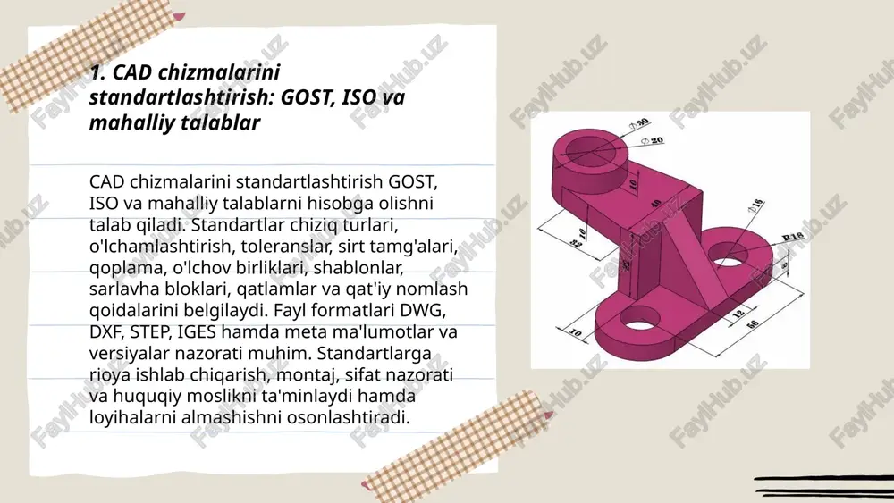 izma sarlavha varaqlari va shablonlarini yaratishda quyidagi qoidalar muhim: 1) varaqlarning o‘lchamlari va chetlari standartlarga mos bo‘lishi; 2) sarlavhada loyiha nomi, chizma nomi, ish raqami, muallif, tasdiqlovchi, sana, o‘lchov masshtabi, varaqlarning soni va varaq raqami ko‘rsatiladi; 3) reviziya jurnali va izohlar uchun joy ajratiladi; 4) chiziq qalinliklari, shriftlar va qatlamlar bir xilda qo‘llanadi; 5) birliklar va o‘lchov tizimi aniq belgilanadi; 6) ramka va sarlavha pastki o‘ng burchakka joylashtiriladi. ... t.me/slaydai_bot layer (qatlam) tizimi cad chizmalarini tashkil etish, ko'rinishni boshqarish va qatlam siyosatini joriy etish uchun mo'ljallangan. tashkil etish tamoyillari: funksiyaga ko'ra ajratish (arkitektura, konstruksiya, elektro), tartib raqam va prefikslardan foydalanish, rang, chiziq turi va qalinlik standartlarini belgilash. nomlash qoidalari: qisqacha prefiks, ta'rif va versiya/korpus raqami (masalan ar-devor-01), izchillik, qoidabuzarliklarni tekshirish va hujjatlash orqali qatlam siyosatini saqlash zarur. ... t.me/slaydai_bot kesimlar uchun hatch naqshlari 45° yoki 30° burchakda chiziladi, chiziq oralig‘i materialga qarab 1–5 mm; ingichka elementlarda 0.5–1 mm. qoida bo‘yicha …
