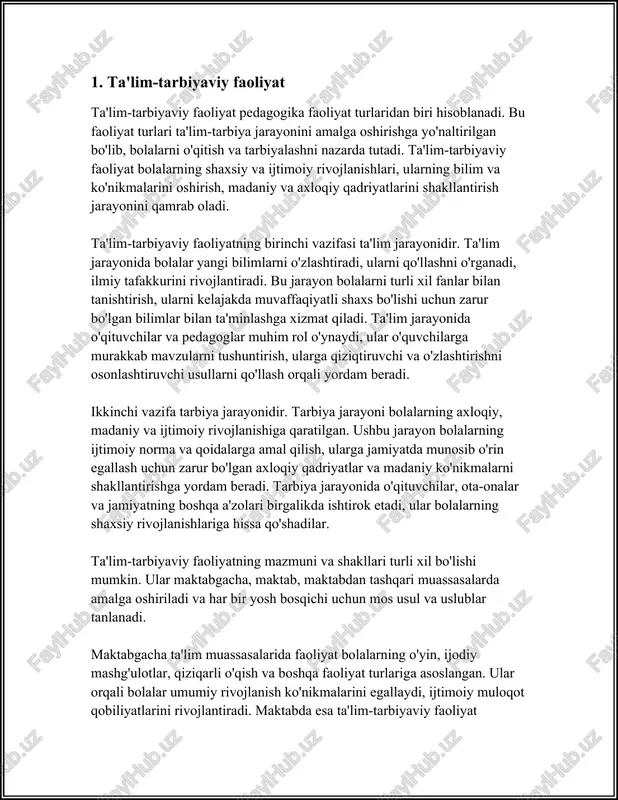 uv dasturlarini ishlab chiqadilar, o‘quv jarayonining samaradorligini oshirishga qaratilgan uslublarni tanlaydilar va qo‘llaydilar hamda o‘quv jarayonini tahlil qiladilar. o‘quv-uslubiy faoliyatning asosiy vazifalaridan biri o‘quv rejalari va dasturlarini yaratishdir. bu jarayonda ta'lim muassasasi tomonidan belgilangan umumiy maqsadlar va o‘quv dasturi talablariga mos ravishda darsliklar, o‘quv qo‘llanmalari va boshqa o‘quv materiallari tayyorlanadi. mazkur materiallar o‘quvchilarga bilimlarni yetkazish va ularning o‘zlashtirish darajasini oshirishga hizmat qiladi. dars mavzularini to‘g‘ri tartibga solish va ularni samarali tushuntirish uchun o‘qituvchilar muayyan uslubiy yondoshuvlarni tanlaydilar. o‘quv-uslubiy faoliyatning yana bir muhim tomoni - ta'lim jarayonini muntazam ravishda tahlil qilish va baholashdir. o‘qituvchilar o‘quvchilarni baholash uchun turli xil nazorat shakllarini qo‘llaydilar. ushbu baholash o‘quvchilarni qo‘llab-quvvatlash, ularning kuchli va zaif tomonlarini aniqlash hamda ta'lim jarayonini optimallashtirish uchun xizmat qiladi. o‘quv-uslubiy faoliyatni amalga oshirishda o‘qituvchilar muntazam ravishda seminarlar va treninglarda ishtirok etadilar, yangi pedagogik texnologiyalarni o‘zlashtiradilar hamda o‘zlarining pedagogik mahoratini oshirishadi. shuningdek, o‘quv-uslubiy faoliyat kerakli o‘quv infrastrukturasi va resurslar bilan ta'minlanishni talab …