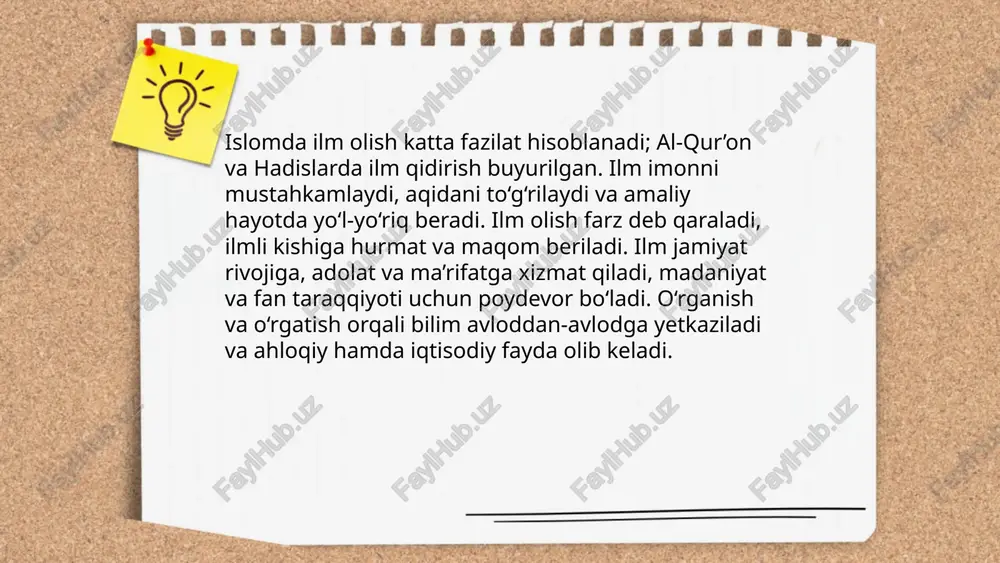 qali ijodkorlik va innovatsiyani rag‘batlantiradi. ... t.me/slaydai_bot madaniyat va urf-odatlarni islomiy tamoyillar asosida baholashda qur’oni karim va hadis asoslarini, shariat me’yorlarini, hamjihatlik va adobni, halol-qarzli amaliyotni e’tiborga olish kerak. mahalliy an’analar agar shirk, bid’at yoki zararli urf-odatlarga olib kelmasa va inson qadr-qimmatini saqlasa saqlanishi mumkin. san’at va badiiy ijod axloqiy chegaralar, iffat va maslahatlilik tamoyillari bilan muvofiqligi bilan baholanadi. zararni oldini olish, umuminsoniy manfaatlar, maslahat va ta’lim orqali madaniy o‘zgarishlarni izchil amalga oshirish lozim. ... t.me/slaydai_bot islomiy tamoyillar sanʼat va estetikada go‘zallikni allohga yaqinlik va axloqiy maqsad bilan bog‘laydi. niyat, halal-haram chegaralari, diniy shirkdan saqlanish, tirik mavjudotlarni realizmga haddan oshirmaslik haqida cheklovlar mavjud. kaligrafiya, geometrik naqshlar va arabeskalar tavsiya etiladi. sanʼat tarbiyaviy, ibodatga yaqin va jamiyat manfaatiga xizmat qilishi, fitna va yengilmas ehtiroslarni qo‘zg‘amasligi, jinsiy hamda axloqiy chegaralarga rioya qilishi kerak. ... t.me/slaydai_bot tasviriy san'at va islomiy dekorativ an'analar hat, mozaika, arabeskga asoslanadi. hat qur'oni bezash va ilmiy matnlarni estetik …