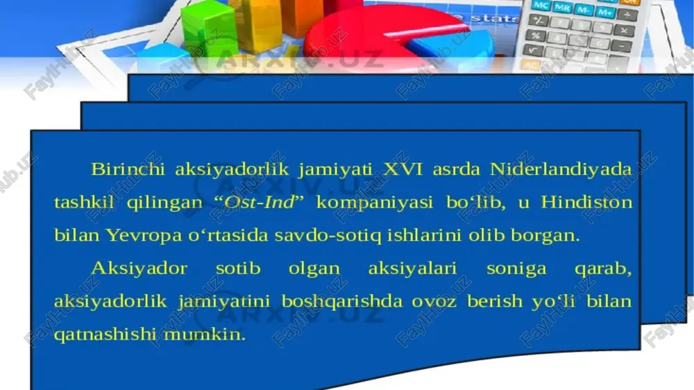 top shirilishi mumkin bo‘lgan biznesning yago na shakli ekanligi aksiyadorning boshqaruvda ishtirok etish imkoniyati u ega bo‘lgan aksiyalar turiga bog‘liqligi oddiy aksiyalar ovozga ega hisoblanadi va o‘z egasiga dividendlar olish, jamiyatni boshqarishda ishtirok etish huquqini beradi imtiyozli aksiyalar esa o‘z egalariga, birin chi navbatda, dividendlarni olishga hamda aj tugatiladigan taqdirda aksiyaga tikkan mablag‘larini olishda ustunlik beradi imtiyozli aksiyalar jamiyat daromadi bor yo‘qligidan qat’i nazar, ma’lum bir dividentlar olish huquqini ham taqdim etadi. aksiyadorlik jamiyatining kamchiliklari aksiyadorlar sonining ko‘pligi ja miyat faoliyatini mulkdorlar tomo nidan boshqarilishni qiyinlashtiri shi. shunga ko‘ra aksiyadorlik jami yatida boshqaruv kengashi tashkil etiladi va direktor tayinlanadi asosiy faoliyat yoki boshqaruvga oid biron-bir qarorni qabul qilish uchun uning aksiyadorlar yig‘ili shi da muhokama qilinishi mazkur jarayonining cho’zilishiga olib keladi. e’tiboringiz uchun rahmat ! image1.png image2.jpeg image3.png image4.png image5.png image6.jpeg image7.png image8.png /docprops/thumbnail.jpeg