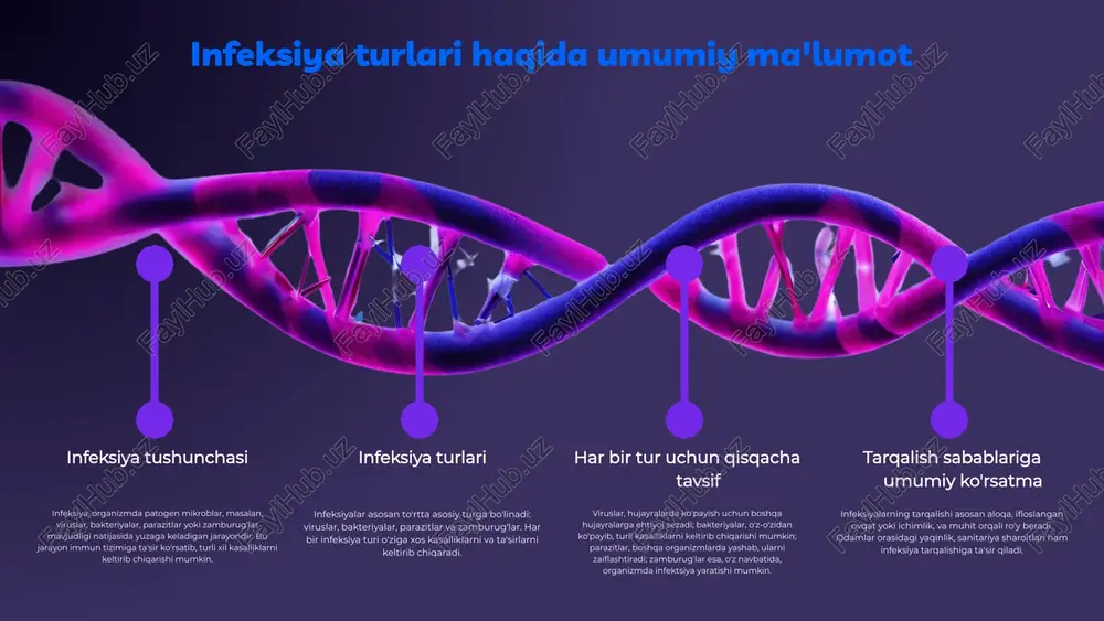 orqali o'tishi mumkin. infeksion jarayonning bosqichlari infeksion jarayon besh asosiy bosqichdan iborat: 1. infektsiya kirishi: bakteriyalar yoki viruslar organizmga kiradi. 2. tarqalish: infektsiya organizm ichida tarqaladi va ko'payadi. 3. o'zgarishlar: infektsiya organizmning immun tizimiga ta'sir qiladi va o'zgarishlar keltirib chiqaradi. 4. aks-sado: immun tizimi infeksiyaga qarshi javob beradi. 5. natijalar: infektsiya jarayoni natijasida turli xil klinik belgilari paydo bo'ladi. tashqi omillar, masalan, gigiena, oziqlanish va atrof-muhit infeksiyaning tarqalishiga jiddiy ta'sir ko'rsatadi. har bir bosqichda, masalan, gigiena qoidalariga rioya qilmaslik infeksiyaning kirishiga imkon yaratadi. photo by national cancer institute on unsplash infeksion jarayon va immun tizimi immun tizimining roli immun javob shakllari infeksion jarayon va immun tizimi infeksion jarayon va immun tizimi o'rtasidagi bog'liqlik juda muhimdir. infektsiya organizmga kirganda, immun tizimi darhol javob berib, infektsiyaning tarqalishini to'xtatishga harakat qiladi, bu jarayonlar esa organizmni himoya qiladi. immun tizimining infektsiyalarga qarshi kurashish jarayonidagi roli shunchalik muhimki, u bakteriyalar va viruslarni aniqlab, ularni yo'q …