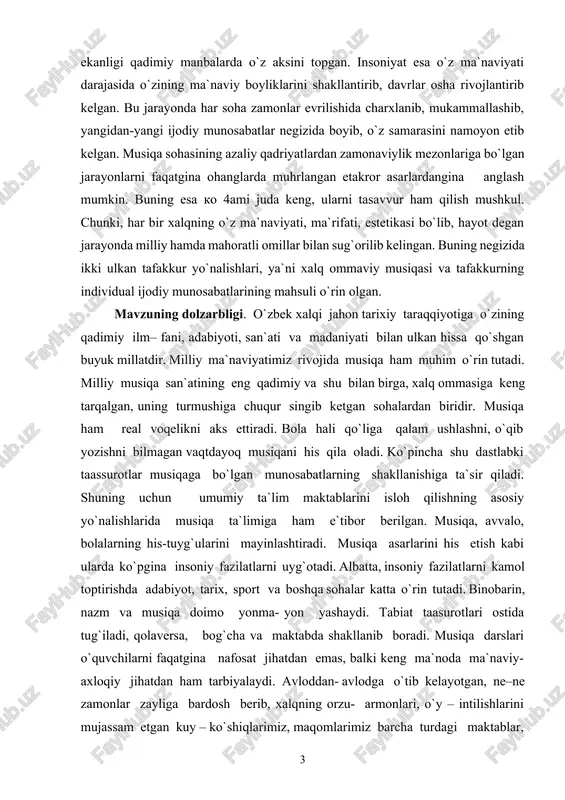 n tutadi. milliy musiqa san`atining eng qadimiy va shu bilan birga, xalq ommasiga keng tarqalgan, uning turmushiga chuqur singib ketgan sohalardan biridir. musiqa ham real voqelikni aks ettiradi. bola hali qo`liga qalam ushlashni, o`qib yozishni bilmagan vaqtdayoq musiqani his qila oladi. ko`pincha shu dastlabki taassurotlar musiqaga bo`lgan munosabatlarning shakllanishiga ta`sir qiladi. shuning uchun umumiy ta`lim maktablarini isloh qilishning asosiy yo`nalishlarida musiqa ta`limiga ham e`tibor berilgan. musiqa, avvalo, bolalarning his-tuyg`ularini mayinlashtiradi. musiqa asarlarini his etish kabi ularda ko`pgina insoniy fazilatlarni uyg`otadi. albatta, insoniy fazilatlarni kamol toptirishda adabiyot, tarix, sport va boshqa sohalar katta o`rin tutadi. binobarin, nazm va musiqa doimo yonma- yon yashaydi. tabiat taasurotlari ostida tug`iladi, qolaversa, bog`cha va maktabda shakllanib boradi. musiqa darslari o`quvchilarni faqatgina nafosat jihatdan emas, balki keng ma`noda ma`naviy- axloqiy jihatdan ham tarbiyalaydi. avloddan- avlodga o`tib kelayotgan, ne–ne zamonlar zayliga bardosh berib, xalqning orzu- armonlari, o`y – intilishlarini mujassam etgan kuy – ko`shiqlarimiz, maqomlarimiz barcha turdagi …