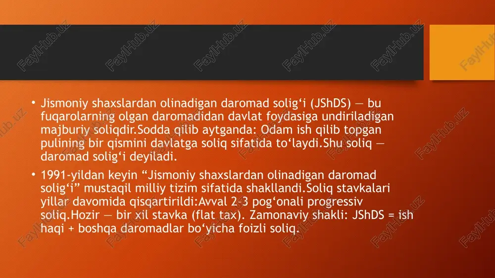 qish va davolanish uchun berilgan pullartalabaga grantstipendiya (oddiy talaba stipendiyasi)davolanish xarajatini qoplash puli. davlat va prezident mukofotlariprezident mukofotlariorden, medal, davlat sovrinlari. jismoniy shaxslardan olinadigan daromad soligʻi (jshds) statistikasi oʻzbekistonda soliq qoʻmitasi maʼlumotlariga koʻra, 2024-yilning 1-choragida soliq tushumlari 31,8 trln. soʻmni tashkil etgan, bu 2023-yilga nisbatan 23,3% ga oʻsgan. ushbu koʻrsatkich 2024-yil oxiriga qadar 134,8 trln. soʻmga yetishi kutilmoqda. oʻzbekistonda 2024-yil 1-yanvar holatiga koʻra, 2,8 million nafar soliq toʻlovchilar roʻyxatdan oʻtgan. 2024-yil 1-choragi: soliq tushumlari - $31,8 trln. soʻm (oʻsish ). 2024-yil oxiriga qadar: prognoz qilingan soliq tushumlari - $134,8 trln. soʻm. 2024-yil 1-yanvar holatiga: soliq toʻlovchilar soni - $2,8 million. e’tiboringiz uchun rahmat! image2.png image3.png image4.jpeg image5.png image6.gif image1.png /docprops/thumbnail.jpeg