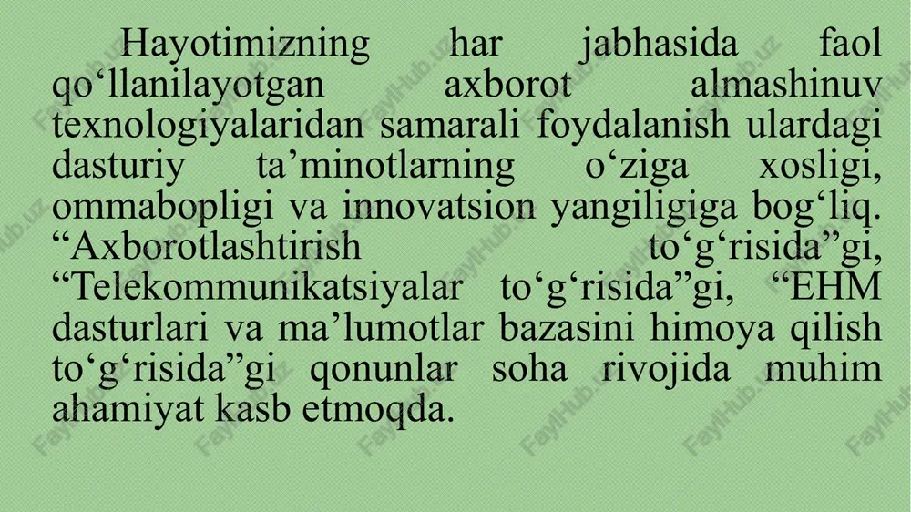 bering. muammoga yo‘naltirilgan ish joylarini izohlang. avtomatlashtirilgan axborot tizimlarining ishlash texnologiyasi. banklararo elektron hisob-kitoblarni amalga oshirishda telekomunikatsiya tarmoqlarining o‘rni nimadan iborat? swift tizimining mazmuni nimadan iborat? swiftga a’zo bo‘lish qanday amalga oshiriladi? swiftning afzalligi. swiftning kamchiligi nimadan iborat? swift interfeyslari nima uchun kerak? e’tiboringiz uchun raxmat! image1.jpeg image2.png image3.png image4.jpeg image5.png image6.png image7.jpeg image8.jpeg /docprops/thumbnail.jpeg