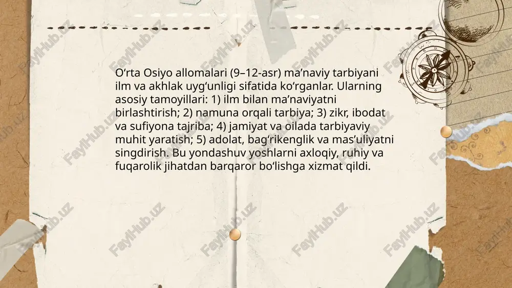 am odat va xulqiy qoidalarni shakllantirish, etik vaziyatlarni muhokama qiluvchi metodlar, ilm va adab uygʻunligini taʼminlash, jamiyat bilan integratsiya. ... t.me/slaydai_bot allomalar asarlaridan axloqiy darsliklar va oʻquv modullarini ishlab chiqish tamoyillari: 1) tarixiy-asoslilik va matnga sodiqlik; 2) milliy-madaniy kontekstga moslik; 3) yoshga moslik va didaktik aniqlik; 4) axloqiy qadriyatlarni zamonaviy hayotga bogʻlash; 5) interfaol metodlar va muammoli vazifalar; 6) interdisciplinarlik va ilmiy manbalarni manzilli tanlash; 7) oʻqituvchi tayyorlash va baholash tizimi; 8) inklyuzivlik va raqamli resurslar integratsiyasi. yuksak maʼnaviyatli yoshlarni tayyorlashda oʻrta osiyo allomalarining ilmiy merosning oʻrni suyunova sumbula e'tiboringiz uchun raxmat! image1.png image2.png image3.png /docprops/thumbnail.jpeg