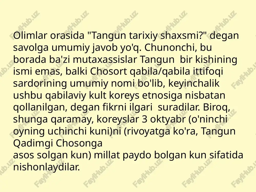 eon olimlari bilan birga hangeulni yaratdi. hali hangeul yaratilmagan paytda xitoy iyerogliflaridan foydalanilgan, ammo iyeroglifdan foydalanuvchilar soni juda kam edi. qirol sejong barcha odamlar foydalana oladigan oson alifbo yaratmoqchi bo’lib, undoshni odamdagi talaffuz holatini ko’rib, unlini esa osmon va yer, odamning ko’rinishiga qarab yaratdi. undosh va unli jami bo’lib 28-ta harf yaratdi. yu gvan sun yo gvang soon 1902-yil 17-noyabrda chungcheongnam-do provinsiyasi, cheonan shahri, yeonduri qishlog‘ida tug‘ilgan. uning xulq-atvorining shakllanishiga uning otasi, yuksak ma'naviyatli, xalqning umumiy ta'limini faol targ'ib qilgan kishi katta ta'sir ko'rsatdi. qiz xudoga chuqur e'tiqod va o'z xalqi bilan faxrlanish muhitida o'sdi. 1918 yilda u yuqori darajadagi maktabning birinchi sinfiga qabul qilindi va eng yaxshi talaba sifatida stipendiya bilan taqdirlandi. sinfdoshlari bilan birga yu gvan sun 1-mart harakatida faol ishtirok etdi va vataniga qaytib kelgach, u yaponlarga qarshi qarshilikka rahbarlik qildi. 1-aprel kuni chungcheongnam-do provinsiyasining cheonan-gun okrugidagi aune bozorida ommaviy namoyish bo‘lib o‘tdi, unda yu gvan sun …