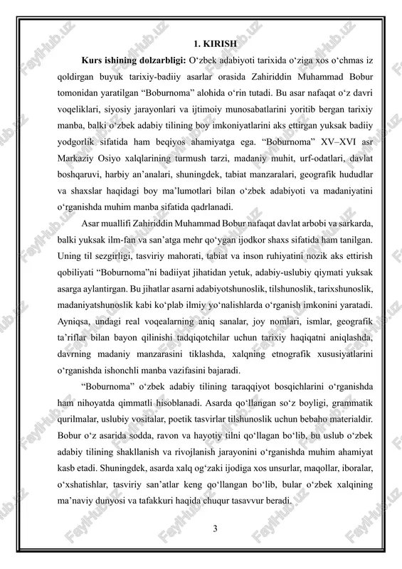 iqtisodiy harakatlarning uzeli sifatida ko‘rinadi. movarounnahrning andijon, samarqand, buxoro, toshkent, marv kabi shaharlarining badiiy tasviri boburning nafaqat hukmdor nigohi, balki shoir ko‘ngli bilan sezilgani uchun unda real manzara bilan birga nozik ruhiy tuslar ham uyg‘unlashgan. kirishning yana bir muhim jihati — boburning badiiy tasvirga bo‘lgan yondashuvi movarounnahr shaharlarining tarixiy obrazini yaratishda yangi adabiy-geografik uslubga yo‘l ochganidir. “boburnoma”dagi tasvirlar keyingi asrlarda yozilgan tarixiy asarlar, sayohatnomalar, geogafik kitoblar va adabiy asarlar uchun tayanch manba bo‘lib xizmat qildi. bobur geografik manzaralarni tanqidiy, sintezlovchi, baholovchi uslubda tasvirlagani tufayli uning izidan borgan ko‘plab muarrixlar va adiblar ham hudud tasviriga estetik yondashuvni kiritdilar. natijada, mazkur mavzuni o‘rganishning dolzarbligi shundaki, “boburnoma”dagi shahar tasvirlari nafaqat tarixiy manba sifatida, balki badiiy tafakkur namunasi sifatida o‘zbek adabiyotidagi realizm maktabining ilk shakllanish jarayonlarini yorqin ko‘rsatadi. movarounnahr shaharlarining “boburnoma”dagi tasviri orqali shoir o‘z davri jamiyatining ko‘zgusini yaratgan, uning madaniy hayotini, ruhiy kechinmalarini, estetik didini avlodlarga yetkazgan. shu bois mavzu adabiyotshunoslik, tarixshunoslik, geopoetika …