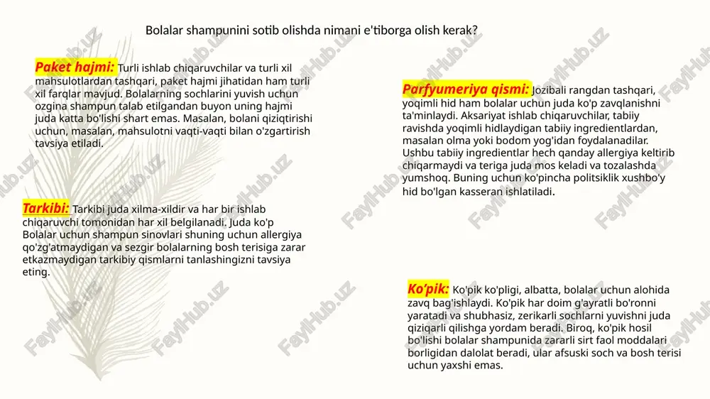 a bosh terisini oziqlantiradi. bolalarda soch o`sish fazalari o'sishning faol bosqichi (anagen) - shakllanish davri, soch milining uzunligi oshishi. sochlarning faol o'sishi 2-6 yilni tashkil etadi, oylik uzunligi o'rtacha 2 sm ni tashkil qiladi. barqarorlik va teskari o'sish fazasi (katagen) - bu davrda soch mili o'smaydi, ichki jarayonlar pasayadi va soch lampochkasi bosh terisining yuqori qatlamiga yaqinlashadi. o'zgarishlar sochlar shaftasi bilan sodir bo'ladi, u mo'rt, ingichka bo'ladi. fazaning davomiyligi taxminan 2 hafta. prolaps, dam olish fazasi (telogen) - soch to'kilishi bilan birga keladi. bu eskirgan soch milini yangi, kuchli, elastik bilan almashtirishdir. bolalar sochlariga g'amxo'rlik qilish qoidalari haqida. bolangizning boshini har 7-10 kunda bir marta yuving (tez-tez yuvish terining himoya xususiyatlarini kamaytiradi), mahsulotning 2-3 tomchisini va iliq (issiq emas!) suvdan foydalaning, bosh massaji qon aylanishini yaxshilaydi, follikulalarni mustahkamlaydi, iplarning o'sishini tezlashtiradi. ushbu maqsadlar uchun sochingizni 2-3 daqiqa yuvayotganda terini massaj qiling, kuniga uch marta bolani tarang, sovunni yoshga qarab tanlang …