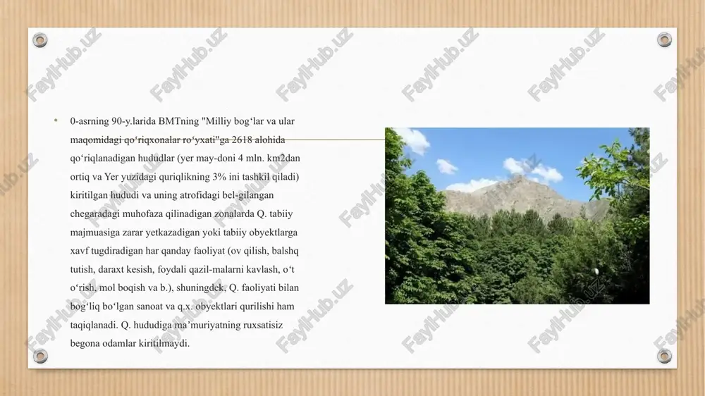ekistonning yana bir milliy g‘ururi - yaqinlarda “o‘zbek shveytsariyasi” nomini olgan mamlakatning asosiy kurorti - zomin milliy tabiat parkidir. bu hudud azaldan o‘ziga xos tabiati va shifobaxsh havosi bilan mashhur. maydoni 25 gektardan ortiq bo‘lgan bu milliy park, jizzax viloyatining zomin tumanidagi turkiston tog‘ tizmasining shimolida joylashgan. park, birinchi bo‘lib xix asrning 60-yillarida rus olimi va biologi a.p.fedchenko tomonidan o‘rganilgan. 1960 yilda esa va noyob archa o‘rmonlari va ularning noyob hayvonot dunyosini saqlab qolish maqsadida qo‘riqxonaning o‘zi tashkil etilgan. parkning rel’yefi, bitta yaqqol tog‘ tizmasini tashkil etadi. eng baland tizma, dengiz sathidan 3500 metrga yetadi. janubda, park hududi turkiston tizmasining chuqur, tor daralari bilan ajratib turuvchi yon bag‘irlar bilan o‘ralgan. shimolda qo‘riqxona qoyalari archa o‘rmonlari bilan qoplangan ancha yumshoqroq relyefga ega. milliy parkning iqlimi keskin kontinental bo‘lib, fasllarning almashishlari yaqqol seziladi. bahorda o‘rmonlar yam-yashil. yomg‘irning ko‘p qismi aprel, oktyabr va yanvar oylariga to‘g‘ri keladi. iyul va avgust oylarida harorat +32 …
