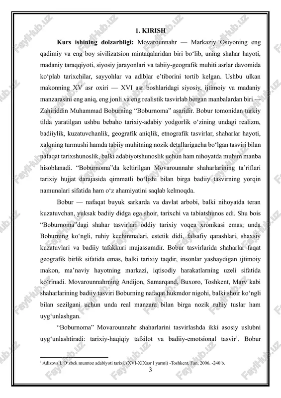 lar o‘rtasidagi ziddiyatlar, aholi kayfiyati, iqtisodiy vaziyat, zodagonlar o‘zaro munosabati haqida ham batafsil ma’lumot beradi. u shaharlarning ichki tuzilishini, mahalla, bozor, masjid, saroy, qo‘rg‘onlarni tasvirlab, ularning har biri bilan bog‘liq etnografik tafsilotlarni ham keltirib o‘tadi. bu jihatlar “boburnoma”ni tarixiy geografiya, etnologiya, urbanistika va madaniyatshunoslik kabi sohalar uchun ham o‘ta qimmatli manbaga aylantiradi. shuningdek, “boburnoma”dagi movarounnahr shaharlarining badiiy tasviri boburning shaxsiy kechinmalari, yo‘qotishlari va g‘alabalari bilan ham uzviy bog‘langan. bobur uchun movarounnahr — bolalikning beg‘ubor makoni, qadimiy yodgorliklar yurtidir; shuning uchun uning tasvirlarida bir tomondan tarixiy realizm, ikkinchi tomondan esa nostalgiya, sog‘inch, ma’naviy bog‘liqlik seziladi. ayniqsa, andijon tasviri bobur uchun o‘ziga xos ruhiy markazdir — u yurtni yo‘qotgan shoirning qalbidagi eng nozik iztiroblar shu tasvirlarda aks etgan. kirishning yana bir muhim jihati — boburning badiiy tasvirga bo‘lgan yondashuvi movarounnahr shaharlarining tarixiy obrazini yaratishda yangi adabiy-geografik uslubga yo‘l ochganidir. “boburnoma”dagi tasvirlar keyingi asrlarda yozilgan tarixiy asarlar, sayohatnomalar, geogafik kitoblar va adabiy asarlar …
