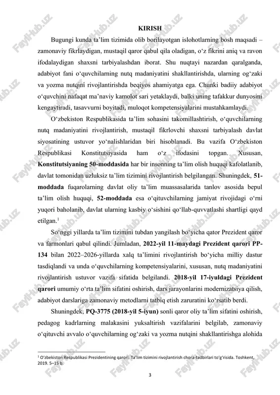 avon nutqga ega shaxs sifatida shakllantiruvchi eng muhim fanlardan biri sifatida e’tirof etilmoqda.2 adabiyot darslari jarayonida o‘quvchi badiiy matnni o‘qish, tushunish, tahlil qilish, undagi obrazlar mohiyatini anglash orqali til sezgirligini rivojlantiradi, ifoda vositalaridan to‘g‘ri foydalanishga o‘rganadi. ayniqsa, og‘zaki va yozma nutqni o‘stirishga qaratilgan mashg‘ulotlar o‘quvchilarda mantiqiy fikrlash, izchil bayon qilish, badiiy tilni his etish, nutq madaniyatiga amal qilish kabi muhim kompetensiyalarni shakllantiradi. shu bois adabiy ta’limda nutqni o‘stirish metodikasi o‘qituvchining ijodkorligi, pedagogik mahorati va zamonaviy metodlardan o‘rinli foydalanish darajasiga bevosita bog‘liqdir. mazkur kurs ishining asosiy maqsadi — adabiyot darslarida o‘quvchilarning yozma va og‘zaki nutqini o‘stirishga xizmat qiladigan samarali metodlar, usullar, texnologiyalarni o‘rganish hamda ularni amaliyotga tadbiq etish yo‘llarini tahlil qilishdan iborat. mavzuning dolzarbligi: bugungi kunda ta’lim tizimida o‘quvchilarning mustaqil fikrlashi, o‘z fikrini aniq, ravon va mantiqiy tarzda ifoda eta olishi eng muhim kompetensiyalar qatoriga kiradi. global axborot oqimi, kommunikativ jarayonlarning jadallashuvi, raqobatbardosh shaxsni tarbiyalash zaruriyati o‘quvchi nutq madaniyatini rivojlantirishni dolzarb …