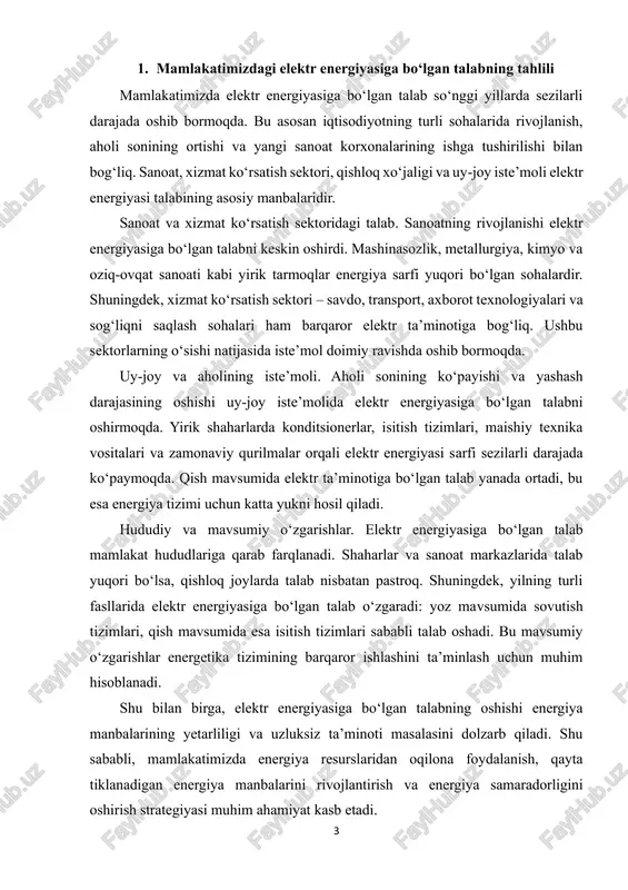 lar energetika tizimining barqaror ishlashini ta’minlash uchun muhim hisoblanadi. shu bilan birga, elektr energiyasiga bo‘lgan talabning oshishi energiya manbalarining yetarliligi va uzluksiz ta’minoti masalasini dolzarb qiladi. shu sababli, mamlakatimizda energiya resurslaridan oqilona foydalanish, qayta tiklanadigan energiya manbalarini rivojlantirish va energiya samaradorligini oshirish strategiyasi muhim ahamiyat kasb etadi. 4 2. elektr energiyasi tizimidagi asosiy muammolar mamlakatimizda elektr energiyasiga bo‘lgan talab doimiy o‘sib borayotgan bo‘lsa-da, energiya tizimi barqaror ishlashida bir qator muammolar mavjud. ushbu muammolar nafaqat elektr ta’minotining uzluksizligini ta’minlashga, balki iqtisodiy va ijtimoiy rivojlanishga ham salbiy ta’sir ko‘rsatmoqda. energetika infratuzilmasining eskirishi .ko‘pgina elektr stansiyalari va uzatish tarmoqlari uzoq yillar davomida ishlatilgan bo‘lib, ularning texnologik imkoniyatlari eskirgan. eskirgan transformatorlar, yuqori yo‘qotishlarga olib keluvchi elektr uzatish liniyalari va eski turdagi uskunalar energiya samaradorligini pasaytiradi. natijada, ishlab chiqarilgan elektr energiyasining bir qismi yo‘qotiladi, ta’minot sifati pasayadi va tizimda nosozliklar ko‘payadi. energiya manbalarining cheklanganligi. mamlakatimizda elektr energiyasi asosan tabiiy gaz va ko‘mirga asoslangan manbalardan ishlab …