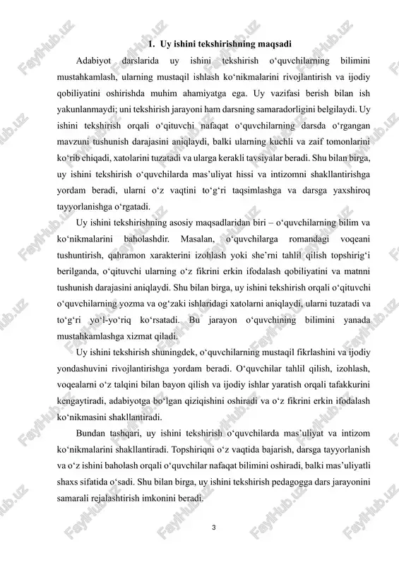 dan tashqari, uy ishini tekshirish o‘quvchilarda mas’uliyat va intizom ko‘nikmalarini shakllantiradi. topshiriqni o‘z vaqtida bajarish, darsga tayyorlanish va o‘z ishini baholash orqali o‘quvchilar nafaqat bilimini oshiradi, balki mas’uliyatli shaxs sifatida o‘sadi. shu bilan birga, uy ishini tekshirish pedagogga dars jarayonini samarali rejalashtirish imkonini beradi. 2. uy ishini tekshirish usullari adabiyot darslarida uy ishini samarali tekshirish o‘quvchilarning bilimini aniqlash, ularni mustaqil ishlashga rag‘batlantirish va dars jarayonini samarali tashkil etishda muhim ahamiyatga ega. uy ishini tekshirish usullari turli bo‘lib, har birining o‘ziga xos afzalliklari va kamchiliklari mavjud. pedagog bu usullarni darsning maqsadiga, mavzusiga va o‘quvchilar darajasiga qarab tanlaydi. quyida adabiyot darslarida uy ishini tekshirishning asosiy usullari keltiriladi. og‘zaki tekshirish usulida o‘qituvchi o‘quvchidan uy ishini og‘zaki so‘rab tekshiradi. bu usul o‘quvchining fikrini erkin ifodalashini rivojlantiradi va uning matnni tushunish darajasini tezkor aniqlash imkonini beradi. masalan, o‘quvchidan romandagi asosiy voqeani tushuntirish yoki qahramon xarakterini izohlash so‘raladi. afzalligi shundaki, o‘quvchi o‘z bilimini tezkor tarzda namoyon …