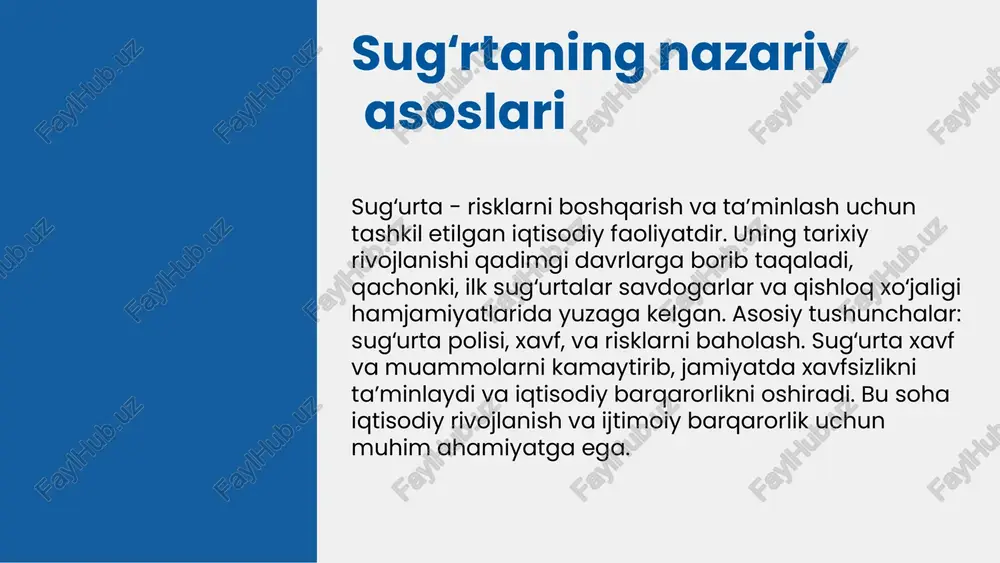 aydi, bu esa investitsiyalarni qo‘llab-quvvatlaydi, ishlab chiqarishni rivojlantiradi va iqtisodiy o‘sishni ta'minlaydi. sugʻrtaning amaliy ahamiyati sugʻurtaning iqtisodiy barqarorlikka ta'siri va risklarni boshqarishdagi roli muhim. u iqtisodiy faoliyatlarni davom ettirishga yordam beradi va noqulayliklarni kamaytiradi, shuningdek, iqtisodiy muvozanatni saqlashda strategik ahamiyatga ega. sugʻurtaning iqtisodiy faoliyatlarni davom ettirishdagi muhimligi va misol sifatida avtotransport sugʻurtasi. bu risklarni kamaytiradi va iqtisodiy barqarorlikni ta'minlaydi. sugʻurtaning risklarni boshqarishdagi strategik roli va iqtisodiyotdagi muvozanat. u iqtisodiy jarayonlarni qo'llab-quvvatlaydi va yirik muammolarni yechishda yordam beradi. xulosa — sugʻurtaning individual, korporativ va umumiy iqtisodiy barqarorlikdagi ahamiyati. u xavf-xatarlarga qarshi himoya va iqtisodiy rivojlanishni ta'minlaydi. sugʻrtaning foydalari sugʻurtaning iqtisodiy samaradorligi shaxsiy va korporativ darajada muhimdir. xavf-xatardan himoyalanish, moliyaviy barqarorlik va stressni kamaytirish shaxsiy foydalardir. korporativda esa, biznesni barqarorlashtirish va risklarni boshqarish imkonini beradi. sugʻurtaning iqtisodiy foydalari iqtisodiy o'sishni ta'minlaydi, xatarlarni bo'linishiga yordam beradi va moliyaviy tizimni barqaror qiladi. bu, o'z navbatida, iqtisodiy faoliyatni kengaytirishga va yangi ish o'rinlarini yaratishga yordam …