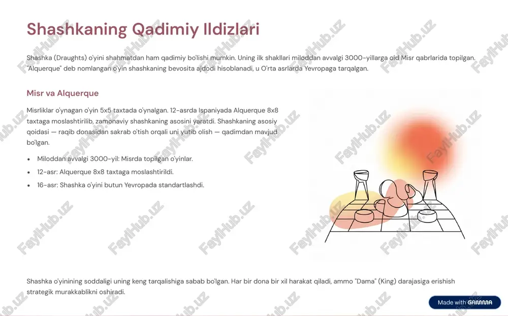 ilishni va eng yaxshi yechimni topishni talab qiladi. diqqatni jamlash uzoq muddatli konsentratsiya talab qilinadi, ayniqsa raqibning harakatlarini kuzatishda. strategik rejalashtirish o'yinchilar qisqa muddatli taktikalardan tashqari, uzoq muddatli strategiyalarni ham ishlab chiqishlari kerak. xotira va vizualizatsiya debyutlarni, kombinatsiyalarni eslab qolish va taxtadagi vaziyatni aqliy ravishda ko'z oldiga keltirish qobiliyati rivojlanadi. https://gamma.app/?utm_source=made-with-gamma shahmat va shashka: taqqoslash garchi ikkala o'yin ham taxtada o'ynalsa-da, ularning asosiy falsafasi va murakkablik darajasi farq qiladi. donalar harakati har xil, har bir donaning o'ziga xos harakati bor (masalan, ot, fil). bir xil (faqat oldinga diagonal), dama bundan mustasno. o'yin maqsadi raqib qirolini mot qilish. raqibning barcha donalarini yutish yoki bloklash. murakkablik yuqori darajadagi strategik murakkablik va kombinatsiyalar. taktik murakkablik, majburiy yutish tufayli hisoblash talab etiladi. debyut nazariyasi keng qamrovli va chuqur nazariy bilim talab etiladi. nazariya mavjud, ammo shahmat kabi keng emas. https://gamma.app/?utm_source=made-with-gamma kompyuterlar va o'yinlar ikkala o'yin ham sun'iy intellekt (ai) rivojlanishida muhim sinov maydoni bo'lgan. …
