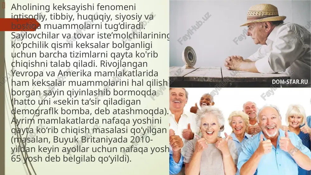 n ma’lumotlar kamayib boradi, qiziqishlar doirasi torayadi, faolligi pasayadi, qarish jarayoni tezlashadi faollik nazariyasi («yangi bandlik») jamiyatdan uzoqlashish nazariyasiga qarama-qarshidir. faollik nazariyasi keksalarni jamiyat hayotiga tortish, ular qanchalik faol bolsa, ularning hayotdan qoniqqanlik darajasi yuqori boladi, degan g'oyaga asoslanadi. uzluksiz hayot yoli konsepsiyasi qarilikni ilgarigi hayot uslubini saqlab qolish uchun kurash maydoni sifatida talqin etadi. qarilik kognitiv muammo sifatida. bu yondashuv asosida keksalarda intellektual va emotsional qobiliyatlarning pasayishi yoki yo‘qotilishi jarayoni yotadi. «foydalanmaslik» nazariyasiga ko‘ra intellektual ko‘nikmalar yetarlicha foydalanmaslik natijasida keksalarda yomonlashadi. kognitiv nazariyaning boshqa variantida keksa inson o‘zidagi o‘zgarishlarni qanday talqin qilishiga bogliqligi nazarda tutiladi. bunda uch soha asosiy rol o‘ynaydi: shaxsiy kechinmalar (sog‘liqning yomonlashuvi, jozibadorlikning kamayishi), ijtimoiy mavqe xususiyatlari (kirishimlilik, integratsiya yoki ajralib qolish), shaxsiy hayotining tugayotganligini anglash. keksayishning kompleks nazariyalari. kompleks nazariyalar keksayishning biron jihatiga urg‘u beradigan nazariyalarga qarshi chiqadi. keksayish ko‘p qirrali jarayon bo‘lib, u o‘zaro biologik, ijtimoiy va psixologik jarayonlar bilan bogliqdir. har bir insonga …