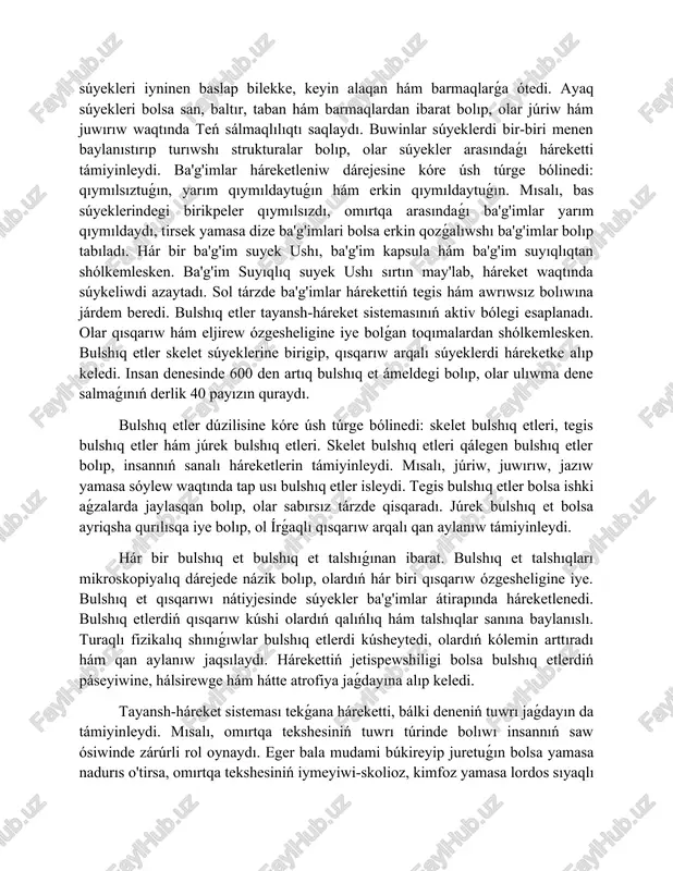arıw hám eljirew ózgesheligine iye bolǵan toqımalardan shólkemlesken. bulshıq etler skelet súyeklerine birigip, qısqarıw arqalı súyeklerdi háreketke alıp keledi. insan denesinde 600 den artıq bulshıq et ámeldegi bolıp, olar ulıwma dene salmaǵınıń derlik 40 payızın quraydı. bulshıq etler dúzilisine kóre úsh túrge bólinedi: skelet bulshıq etleri, tegis bulshıq etler hám júrek bulshıq etleri. skelet bulshıq etleri qálegen bulshıq etler bolıp, insannıń sanalı háreketlerin támiyinleydi. mısalı, júriw, juwırıw, jazıw yamasa sóylew waqtında tap usı bulshıq etler isleydi. tegis bulshıq etler bolsa ishki aǵzalarda jaylasqan bolıp, olar sabırsız tárzde qisqaradı. júrek bulshıq et bolsa ayriqsha qurılısqa iye bolıp, ol írǵaqlı qısqarıw arqalı qan aylanıw támiyinleydi. hár bir bulshıq et bulshıq et talshıǵınan ibarat. bulshıq et talshıqları mikroskopiyalıq dárejede názik bolıp, olardıń hár biri qısqarıw ózgesheligine iye. bulshıq et qısqarıwı nátiyjesinde súyekler ba'g'imlar átirapında háreketlenedi. bulshıq etlerdiń qısqarıw kúshi olardıń qalıńlıq hám talshıqlar sanına baylanıslı. turaqlı fizikalıq shınıǵıwlar bulshıq etlerdi kúsheytedi, olardıń kólemin …