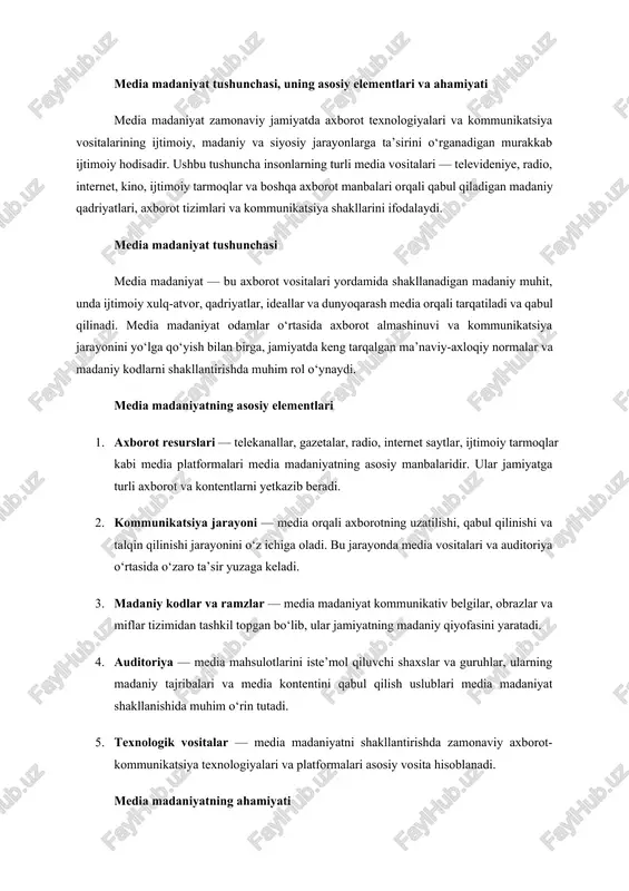 bul qilish uslublari media madaniyat shakllanishida muhim o‘rin tutadi. 5. texnologik vositalar — media madaniyatni shakllantirishda zamonaviy axborot-kommunikatsiya texnologiyalari va platformalari asosiy vosita hisoblanadi. media madaniyatning ahamiyati media madaniyatning jamiyat va shaxs hayotidagi o‘rni juda katta bo‘lib, quyidagi asosiy jihatlarda namoyon bo‘ladi: · axborot tarqatish va kommunikatsiya: media madaniyat ijtimoiy axborot almashinuvining samarali vositasi sifatida jamiyatning turli qatlamlari orasida aloqa o‘rnatadi. bu, o‘z navbatida, demokratik jarayonlarni qo‘llab-quvvatlashga, jamiyatda ochiqlik va shaffoflikni ta’minlashga yordam beradi. · madaniy qadriyatlarni shakllantirish: media madaniyat orqali milliy va xalqaro madaniyatlararo muloqot rivojlanadi, qadriyatlar tarqaladi, yangi madaniy kodlar yaratiladi. bu esa madaniyatlararo tushunishni kuchaytiradi va ijtimoiy barqarorlikni ta’minlaydi. · ta’lim va tarbiya: media madaniyat o‘quvchilarning axborot bilan ishlash ko‘nikmalarini rivojlantiradi, tanqidiy fikrlashni shakllantiradi va ijodiy yondashuvni rag‘batlantiradi. shuningdek, media vositalari ta’lim jarayonida innovatsion metodlarni qo‘llash imkoniyatini kengaytiradi. · siyosiy va ijtimoiy faollikni oshirish: media madaniyat fuqarolarni siyosiy jarayonlarda faol ishtirok etishga, huquq va majburiyatlarni anglashga, shuningdek, …