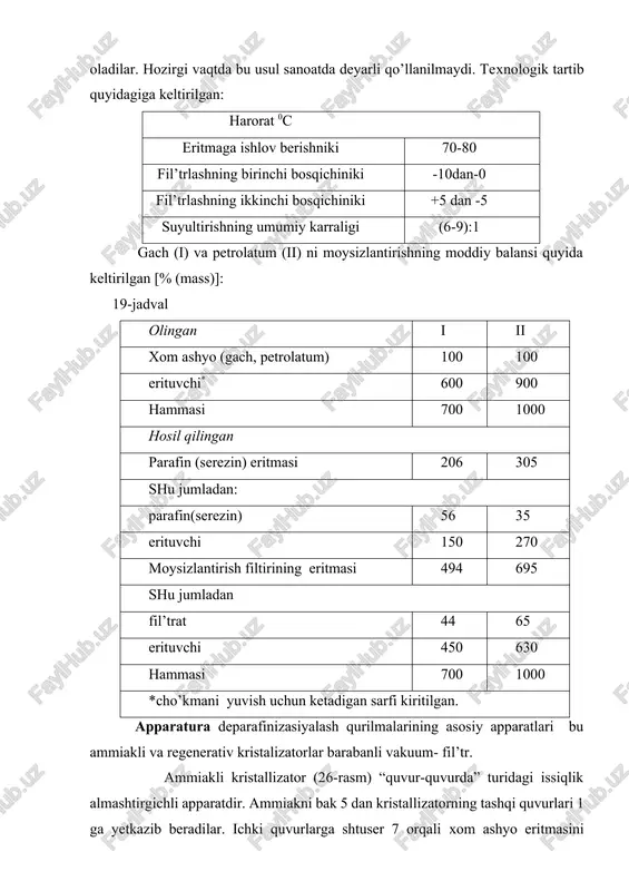 minus 550 c gacha bo’lgan moylarni ishlab chiqarish uchun “dilchil” kristallizatorlarini o’rnatadilar. bunday kristallizatorni ammikali kristallizatordan oldin o’rnatib parafinni kristallashning o’zgacha usulini qo’llaydilar. issiqlik almashtirgich va ammiakli sovutgichda sovutilgan erituvchini purkaydilar, bug’li isitgichda isitilgan xom ashyoni va aralashmani aralashtirishni “dilchil” kristallizatorida amalga oshiradilar. xom ashyoni erituvchi bilan aralashtirishning bu usulida tarqoq kompakt kristallar hosil bo’ladi, bular esa tuzilishi va molekulyar massasi turlicha bo’lgan qattiq uglevodorodlar aralash kristallarining aglomeratlari bo’lib hisoblanadi. bu sferik shakldagi qatlamli kristallar bo’lib, ularning ichida yuqori haroratda suyuqlanadigan uglevodorodlar kristallanib qolgan, tashqi qatlamini esa erituvchilar bilan oson yuvilib ketkiziladigan past haroratda suyuqlanadigan uglevodorodlarning kristallarini hosil qiladi[footnoteref:2]. [2: håvard devold. oil and gas production handbook. an introduction to oil and gas production, transport, refining and petrochemical industry edition 3.0 oslo, august 2013. ] 26-rasm. ammiakli kristallizator 1-ammiak uchun quvurlar (tashqi); 2-bakga ammiak bug’larini kiritish uchun quvurlar; shtuserlar; 3-bakga suyuq ammiakni kiritish; 4-ammiak bug’larini chiqarish uchun; 7-xom ashyo eritmasini …