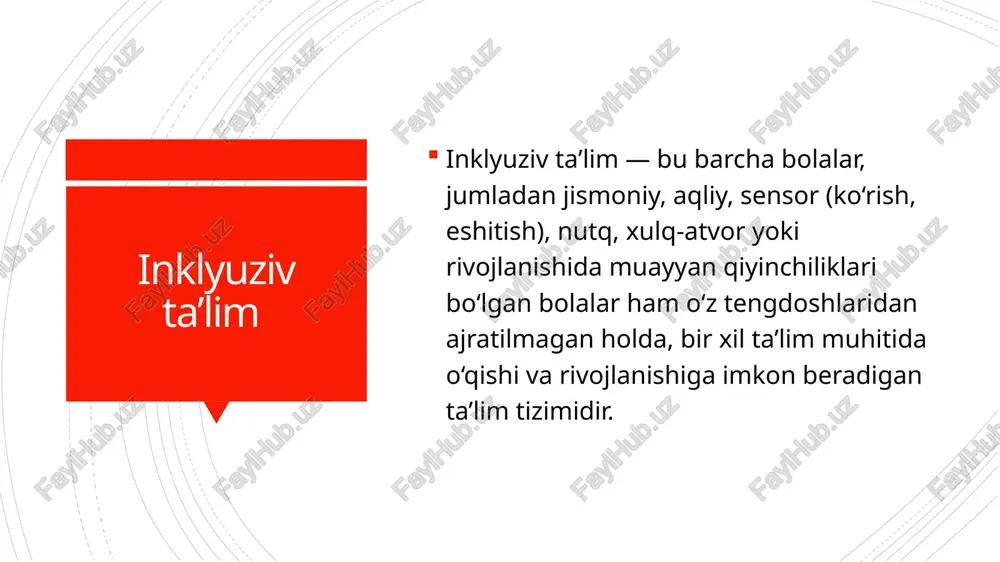 ziv ta’limning asosiy maqsadi – har bir o‘quvchining shaxsiy rivojlanishi, ijtimoiy ko‘nikmalarini shakllantirish va ularni jamiyatga moslashtirishdir.uning tamoyillari – tenglik, hurmat, hamkorlik va qo‘llab-quvvatlash. inklyuziv muhitda pedagoglar individual yondashuvni qo‘llaydi, bolalarning qobiliyatlarini rivojlantirishga e’tibor beradi, ularni o‘z-o‘zini anglash va ijtimoiy faoliyatga jalb qiladi. shuningdek, inklyuziv ta’lim o‘quvchilarni mehr-shafqat, bag‘rikenglik va bir-birini tushunish ruhida tarbiyalaydi.shu tariqa, inklyuziv ta’lim nafaqat bilim berish, balki ijtimoiy adolat va teng imkoniyatlar yaratish vositasi bo‘lib, kelajak avlodni do‘stona, ochiq va hamkorlikka tayyor jamiyatga tayyorlaydi. bu ta’lim shakli mamlakatdagi ta’lim sifatini oshirish va har bir bolaning huquqlarini himoya qilishda muhim ahamiyatga ega. image1.jpeg image2.jpeg image3.jpeg /docprops/thumbnail.jpeg