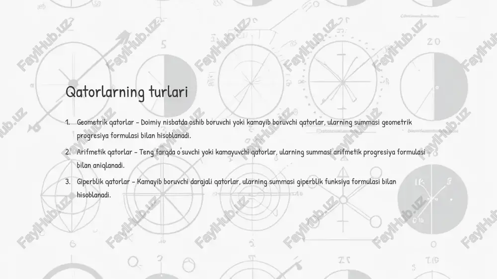 er tahlili 1 fourier qatori funksiyani periodik qator sifatida ifodalab, uning xarakteristikalarini toppish 2 fourier integrallari funksiyani noperiodik qator sifatida ifodalab, uning xarakteristikalarini toppish 3 diskret fourier transformatsiya disket signallar uchun fourier tahlilini qo'llash qatorlar nazariyasi fourier tahlilini tushunish uchun muhim asosdir. fourier qatori va integrallari orqali noperiodik funksiyalarning miqdoriy tavsifi beriladi. diskret fourier transformatsiya esa raqamli texnologiyalarida keng qo'llaniladi. 9 qatorlar nazariyasining amaliy qo'llanilishi qatorlar nazariyasi muhim matematik amaliy qo'llanilishlaridan biridir. bu nazariya turli xil fizika, muhandislik, iqtisodiyot va boshqa sohalarda keng qo'llaniladi. qatorlar yordamida turli fizikaviy jarayonlarni tahlil qilish, signallarni qayta ishlash, matematik modellarni tuzish va optimallash masalalarini hal qilish mumkin. 500k amaliy sohalari qatorlar nazariyasi dunyoda turli xil sohalarda keng qo'llaniladi, jumladan, elektrotexnika, optika, signallarni qayta ishlash, iqtisodiyot va boshqa sohalarda. 10m yillik foyda qatorlar nazariyasining amaliy qo'llanilishi natijasida yillik miqyosda milliard dollarlar miqdorida iqtisodiy foyda olish mumkin. bundan tashqari, qatorlar nazariyasi turli xil mantiqiy algoritmlarda, kodlash-dekodlash …