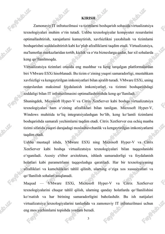 visor: vmware esxi — bu "bare-metal" (metalga yaqin) tipidagi hypervisor hisoblanadi. bu shuni anglatadiki, esxi bevosita xost serverining apparatiga o‘rnatiladi, unda boshqa operatsion tizimlar yoki xost tizimi o‘rnatilmaydi. bu o‘z navbatida tizimning samaradorligini va xavfsizligini oshiradi. management interface: vmware esxi ning boshqaruv interfeysi orqali tizimni boshqarish va monitoring qilish mumkin. esxi ning boshqaruv interfeysi — bu vsphere client yoki vcenter server orqali amalga oshiriladi. bu interfeys yordamida administratörlar virtual mashinalarni boshqarish, tizim holatini tekshirish va resurslarni taqsimlash imkoniyatiga ega bo‘ladilar. storage va network integration: vmware esxi ning asosiy afzalliklaridan biri, tarmoq va saqlash resurslarini samarali boshqarish imkoniyatidir. esxi tizimi san (storage area network) va nas (network attached storage) tizimlari bilan integratsiyalashgan holda ishlaydi, bu esa ma'lumotlarni saqlash va tarmoq resurslarini optimallashtirishni ta'minlaydi. vmware esxi ning asosiy xususiyatlari yengillik va samaradorlik: vmware esxi, minimal resurslar bilan ishlaydi, bu esa uning samaradorligini oshiradi. u xost tizimga o‘rnatiladigan kichik va samarali tizim bo‘lib, …