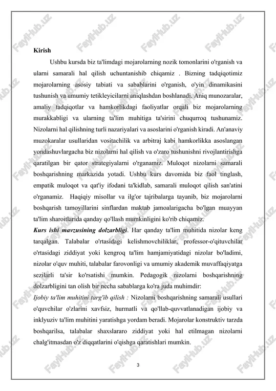 konfliktlarni boshqarish tamoyillarini ta'lim o'quv dasturiga kiritish orqali o'qituvchilar nafaqat o'quvchilarga maktab yillarida mojarolarni hal qilishda yordam beradi, balki ularni ish joyida, jamiyatda yoki shaxsiy munosabatlarda bo'ladimi, kelajakdagi urinishlarida muvaffaqiyatga tayyorlaydi. hamkorlik madaniyatini yaratish : mojaro samarali boshqarilsa, ijobiy o'zgarishlar va o'sish uchun katalizator bo'lishi mumkin. ochiq muloqotni, faol tinglashni va muammolarni birgalikda hal qilishni rag'batlantirish orqali pedagogik nizolarni boshqarish hamkorlik madaniyatini rivojlantiradi, bu erda nizolar o'rganish, innovatsiyalar va takomillashtirish imkoniyatlari sifatida qaraladi. xilma-xillik va inklyuziyaga murojaat qilish : ta'lim sharoitlari - bu turli kelib chiqishi, madaniyati va nuqtai nazaridan bo'lgan shaxslar bilan turli muhitlar. qarama-qarshiliklar qadriyatlar, e'tiqodlar yoki tajribalardagi farqlar tufayli yuzaga kelishi mumkin. pedagogik nizolarni boshqarish o'qituvchilarga turli xillikdan kelib chiqadigan nizolarni sezgir va inklyuziv tarzda hal qilish uchun vositalarni taqdim etadi va shu bilan tushunish, empatiya va madaniy kompetentsiyani rivojlantiradi. kurs ishi mavzusining maqsadi. pedagogik konfliktlarni boshqarish fanining maqsadi ko'p qirrali bo'lib, o'qituvchilarni ta'lim muassasalaridagi ziddiyatlarni samarali …