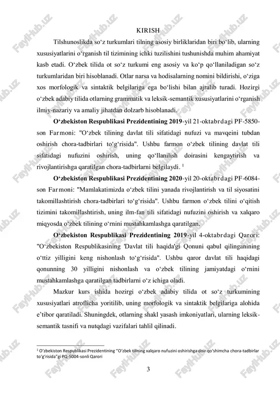 til taraqqiyoti jarayonida yangi otlarning paydo bo‘lishi, ularning funksional uslublardagi xususiyatlari va qo‘llanilish tendensiyalarini o‘rganish hozirgi davr uchun dolzarb masalalardan biri hisoblanadi. shu sababli, ushbu kurs ishida ot so‘z turkumining ilmiy-nazariy asoslari va amaliy qo‘llanilishi tahlil qilinadi. kurs ishining maqsadi: ushbu kurs ishining asosiy maqsadi – hozirgi o‘zbek adabiy tilida ot so‘z turkumining grammatik, semantik va sintaktik xususiyatlarini chuqur o‘rganish hamda ularning nutqdagi o‘rnini tahlil qilishdir. mazkur maqsadni amalga oshirish uchun quyidagi vazifalar belgilangan:  ot so‘z turkumining umumiy xususiyatlarini aniqlash;  o‘zbek tilshunosligida otlarning o‘rganilishi tarixini o‘rganish;  otlarning grammatik kategoriyalarini (son, egalik, kelishik) tahlil qilish;  otlarning leksik-semantik tasnifini o‘rganish va ularning turkumlanish mezonlarini belgilash;  otlarning shakl yasash imkoniyatlarini tahlil qilish; mazkur kurs ishi orqali ot so‘z turkumining o‘ziga xos xususiyatlari, til tizimidagi o‘rni va uning grammatik qonuniyatlari haqida aniq ilmiy tushunchalar shakllantiriladi. kurs ishining obyekti: mazkur kurs ishining obyekti – hozirgi o‘zbek adabiy tilidagi ot so‘z …