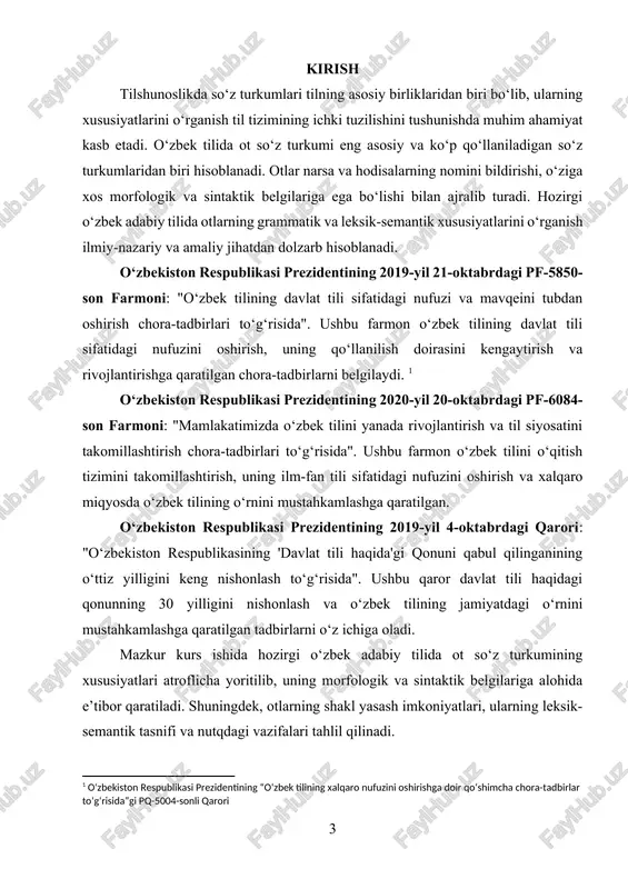 ilmoqda. ayniqsa, til taraqqiyoti jarayonida yangi otlarning paydo bo‘lishi, ularning funksional uslublardagi xususiyatlari va qo‘llanilish tendensiyalarini o‘rganish hozirgi davr uchun dolzarb masalalardan biri hisoblanadi. shu sababli, ushbu kurs ishida ot so‘z turkumining ilmiy-nazariy asoslari va amaliy qo‘llanilishi tahlil qilinadi. kurs ishining maqsadi: ushbu kurs ishining asosiy maqsadi – hozirgi o‘zbek adabiy tilida ot so‘z turkumining grammatik, semantik va sintaktik xususiyatlarini chuqur o‘rganish hamda ularning nutqdagi o‘rnini tahlil qilishdir. mazkur maqsadni amalga oshirish uchun quyidagi vazifalar belgilangan: · ot so‘z turkumining umumiy xususiyatlarini aniqlash; · o‘zbek tilshunosligida otlarning o‘rganilishi tarixini o‘rganish; · otlarning grammatik kategoriyalarini (son, egalik, kelishik) tahlil qilish; · otlarning leksik-semantik tasnifini o‘rganish va ularning turkumlanish mezonlarini belgilash; · otlarning shakl yasash imkoniyatlarini tahlil qilish; mazkur kurs ishi orqali ot so‘z turkumining o‘ziga xos xususiyatlari, til tizimidagi o‘rni va uning grammatik qonuniyatlari haqida aniq ilmiy tushunchalar shakllantiriladi. kurs ishining obyekti: mazkur kurs ishining obyekti – hozirgi o‘zbek adabiy tilidagi …