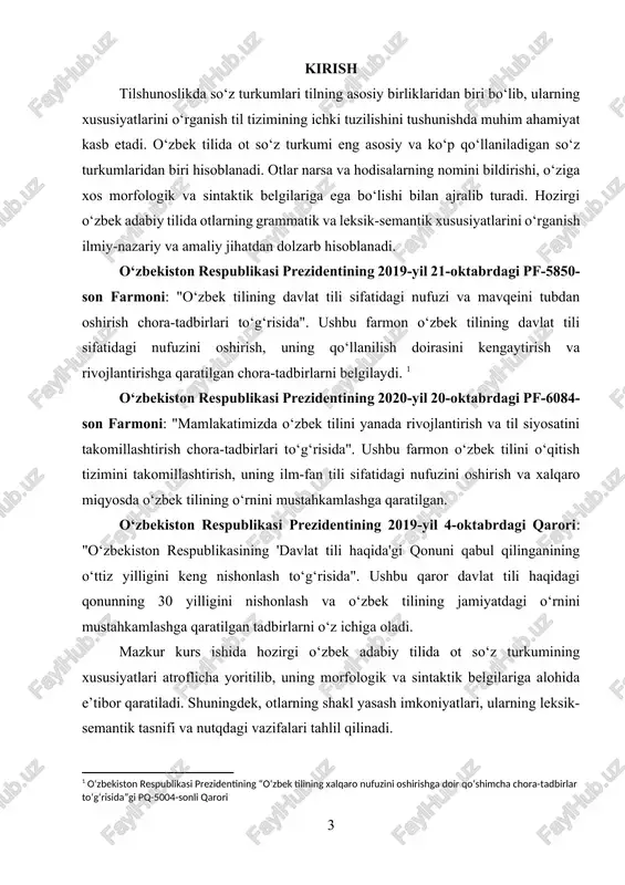 ilmoqda. ayniqsa, til taraqqiyoti jarayonida yangi otlarning paydo bo‘lishi, ularning funksional uslublardagi xususiyatlari va qo‘llanilish tendensiyalarini o‘rganish hozirgi davr uchun dolzarb masalalardan biri hisoblanadi. shu sababli, ushbu kurs ishida ot so‘z turkumining ilmiy-nazariy asoslari va amaliy qo‘llanilishi tahlil qilinadi. kurs ishining maqsadi: ushbu kurs ishining asosiy maqsadi – hozirgi o‘zbek adabiy tilida ot so‘z turkumining grammatik, semantik va sintaktik xususiyatlarini chuqur o‘rganish hamda ularning nutqdagi o‘rnini tahlil qilishdir. mazkur maqsadni amalga oshirish uchun quyidagi vazifalar belgilangan: · ot so‘z turkumining umumiy xususiyatlarini aniqlash; · o‘zbek tilshunosligida otlarning o‘rganilishi tarixini o‘rganish; · otlarning grammatik kategoriyalarini (son, egalik, kelishik) tahlil qilish; · otlarning leksik-semantik tasnifini o‘rganish va ularning turkumlanish mezonlarini belgilash; · otlarning shakl yasash imkoniyatlarini tahlil qilish; mazkur kurs ishi orqali ot so‘z turkumining o‘ziga xos xususiyatlari, til tizimidagi o‘rni va uning grammatik qonuniyatlari haqida aniq ilmiy tushunchalar shakllantiriladi. kurs ishining obyekti: mazkur kurs ishining obyekti – hozirgi o‘zbek adabiy tilidagi …