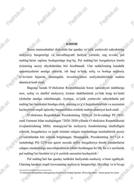 nvar – 1–4-betlar. ] kurs ishi mavzusining dolzarbligi: bozor iqtisodiyoti sharoitida tashkilotlarning moliyaviy barqarorligi, to‘lovga qobiliyatliligi va faoliyat samaradorligi, eng avvalo, pul mablagʻlarini oqilona boshqarish va hisobga olish bilan chambarchas bogʻliqdir. pul mablagʻlari xo‘jalik yurituvchi subyektlarning eng muhim resursi hisoblanadi va ularning to‘g‘ri yuritilishi tashkilotning umumiy moliyaviy holatiga bevosita ta’sir ko‘rsatadi. pul mablagʻlarini buxgalteriya hisobida to‘g‘ri aks ettirish, hujjatlashtirish va nazorat qilish ularning saqlanishi va maqsadli foydalanilishini ta'minlaydi. ayniqsa, bugungi kunda elektron to‘lovlar, bank operatsiyalari va naqd pulsiz hisob-kitoblarning kengayib borayotganligi pul mablagʻlari hisobi tizimini doimiy takomillashtirishni talab etmoqda. shu bois, ushbu mavzu bugungi kunda juda ham dolzarb bo‘lib, u nafaqat buxgalterlar, balki menejerlar, auditorlar va investorlar uchun ham muhim hisoblanadi. pul mablagʻlari ustidan nazoratning kuchaytirilishi, moliyaviy shaffoflikka erishish va korrupsiya holatlarini kamaytirishda asosiy vositalardan biridir. kurs ishining maqsadi: tashkilotlarda pul mablagʻlarini buxgalteriya hisobida yuritish tartibini, ularning tahlilini va auditini chuqur o‘rganishdan iborat. mazkur maqsadga erishish uchun quyidagi vazifalar belgilab …