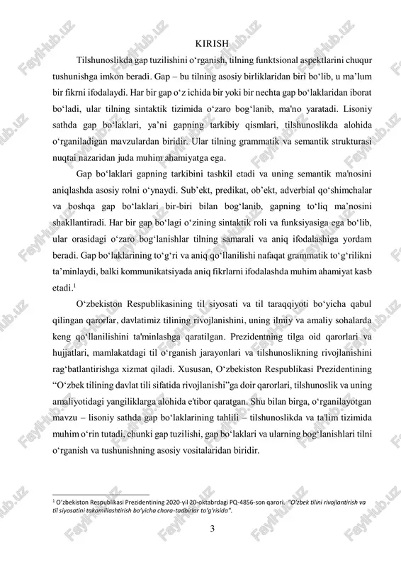 semantik funksiyalarini o‘rganish orqali tilshunoslik ilmiga yangi yondashuvlar va tahlil usullarini qo‘llash imkoniyati yaratiladi. shuningdek, o‘zbekiston respublikasi prezidentining 2021-yil 30-iyundagi “o‘zbek tilining yangi avlodlarga o‘rgatish tizimini takomillashtirish” haqidagi qarori, o‘zbek tilini o‘rganishda zamonaviy pedagogik metodlarni qo‘llashni ta'minlashga qaratilgan. mazkur qarorlar tilshunoslik sohasida ilmiy izlanishlar olib borish, tilni o‘rgatish jarayonlarida tilning grammatik, semantik va pragmatik xususiyatlarini chuqur o‘rganish zaruratini tug‘diradi. bu kurs ishi, tilshunoslikda gap boʻlaklarining o‘rganilishini yanada chuqurlashtirishga, o‘zbek tilidagi gap tuzilishining o‘ziga xos xususiyatlarini yoritishga xizmat qiladi.2 mazkur kurs ishida, lisoniy sathda gap boʻlaklarining turlari, ularning sintaktik roli va o‘zaro bog‘lanishi batafsil tahlil qilinadi. shuningdek, gap boʻlaklarining tilshunoslikda qanday o‘rganilishi va ularning kommunikativ vazifasi ham ko‘rib chiqiladi. bu ish, tilning tarkibiy tuzilishini yanada chuqurroq tushunishga yordam beradi hamda tilshunoslikda yangi yondashuvlar va tahlil metodlarini o‘z ichiga oladi. kurs ishining dolzarbligi: tilshunoslikda gap tuzilishini va uning tarkibiy qismlarini o‘rganish, tilning qanday ishlashini va qanday qilib ma'no ifodalashda yordam berishini tushunish …