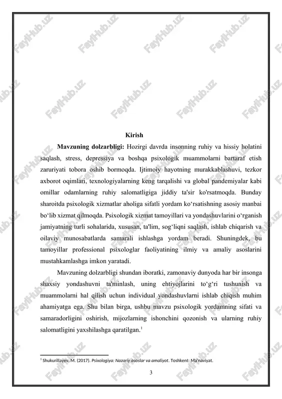 tadqiqotda insonlarga psixologik yordam ko‘rsatishning turli shakllari va usullari, ushbu yordamni ta’minlashda qo‘llaniladigan tamoyillar (insonparvarlik, maxfiylik, ob'ektivlik, va boshqalar) hamda yondashuvlar (kognitiv, behavioristik, gumanistik va boshqa nazariy yondashuvlar) ob’ekt sifatida ko‘rib chiqiladi. shuningdek, turli sohalarda (ta’lim, sog‘liqni saqlash, oila va mehnat faoliyati) psixologik xizmatni qo‘llashning xususiyatlari va samaradorligi tadqiqot ob’ekti doirasida o‘rganiladi. tadqiqot predmeti: psixologik xizmat tamoyillari va undagi yondashuvlarning insonning ruhiy salomatligini yaxshilash va qo‘llab-quvvatlashdagi ilmiy-nazariy hamda amaliy jihatlari. tadqiqotda psixologik xizmatni tashkil etishda qo‘llaniladigan asosiy prinsiplar, yondashuvlar va metodlarning samaradorligi, shuningdek, ushbu tamoyillar va yondashuvlarning inson shaxsiga va uning ijtimoiy munosabatlariga ta’siri tadqiq etiladi. tadqiqotning ilmiy farazi: agar psixologik xizmat ko‘rsatishda insonparvarlik, maxfiylik, ob'ektivlik va individual yondashuv kabi tamoyillar asosida zamonaviy psixologik yondashuvlar va usullar samarali qo‘llanilsa, bu insonlarning ruhiy salomatligini yaxshilash, stressni kamaytirish va shaxsiy rivojlanishni qo‘llab-quvvatlashda yuqori natijalarni ta’minlaydi. shuningdek, psixologik xizmatni tashkil etishda innovatsion texnologiyalar va integratsiyalangan yondashuvlar qo‘llanilsa, uning samaradorligi va jamiyatdagi ahamiyati sezilarli …